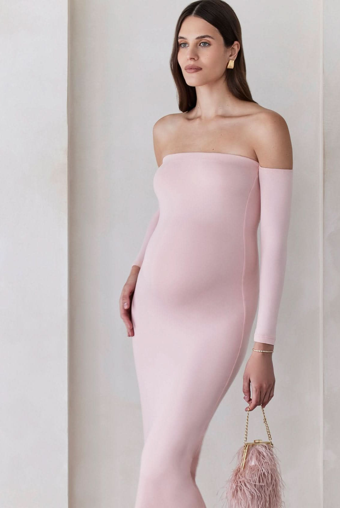 bumpsuit Maternity the angelina off the shoulder long sleeve maxi dress in dusty pink