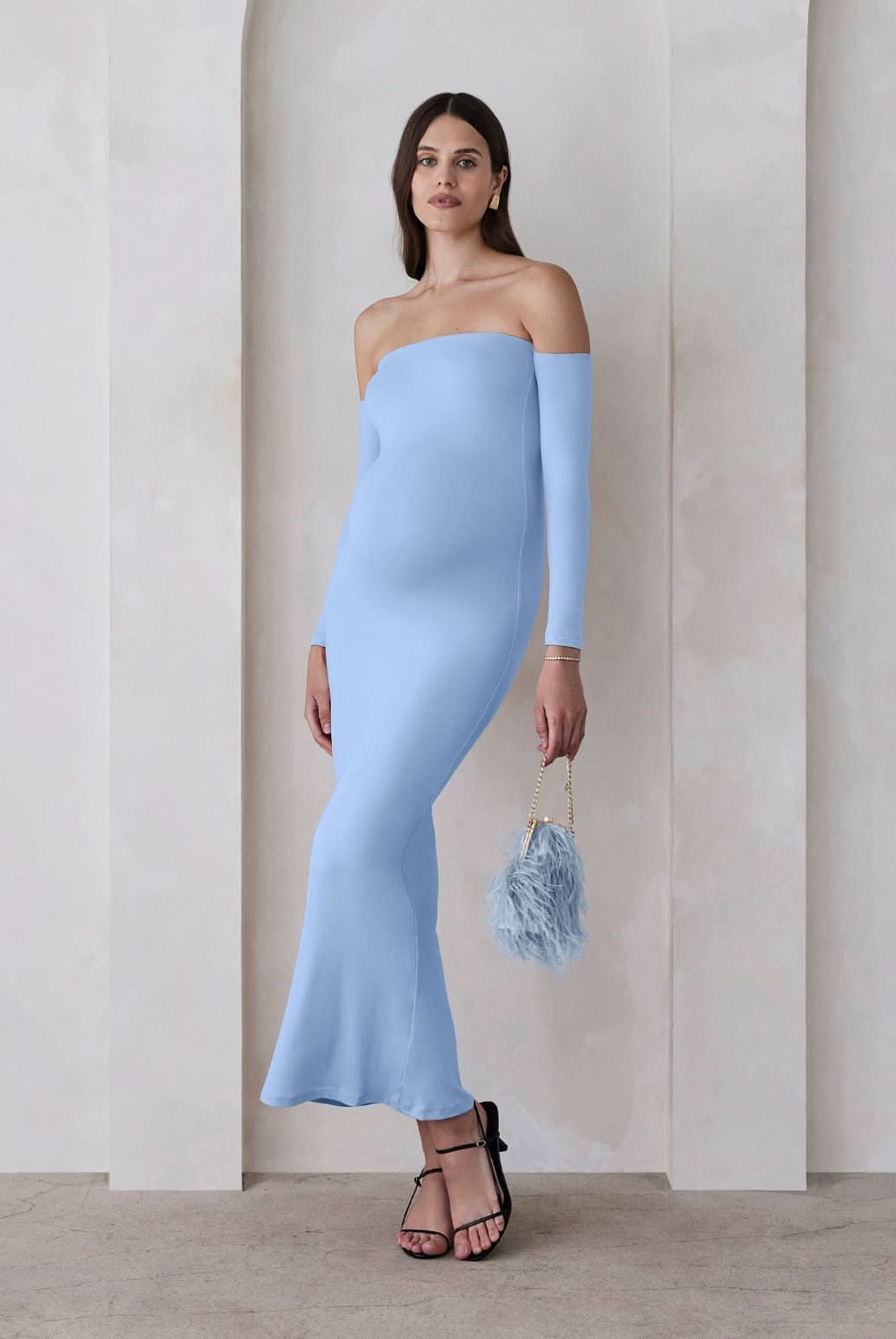 Bumpsuit Maternity The Angelina Off Shoulder Long Sleeve Maxi Dress in Powder Blue