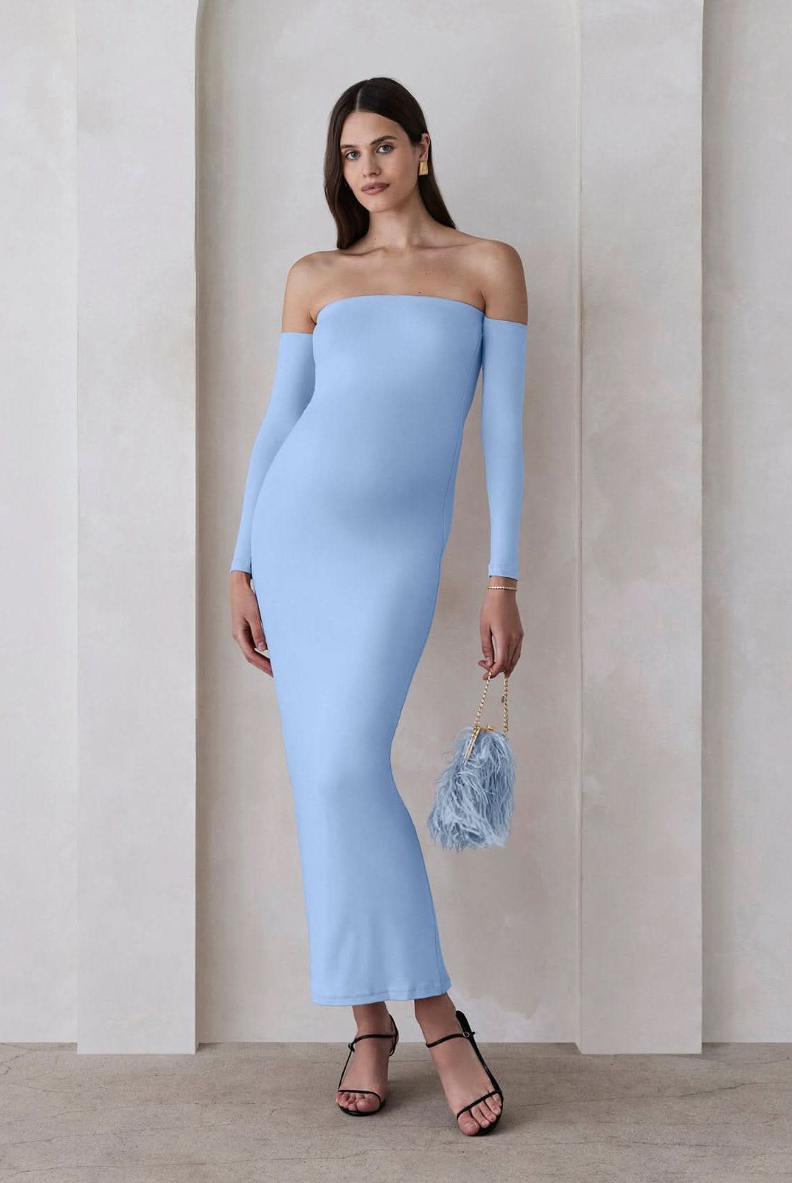Bumpsuit Maternity The Angelina Off Shoulder Long Sleeve Maxi Dress in Powder Blue