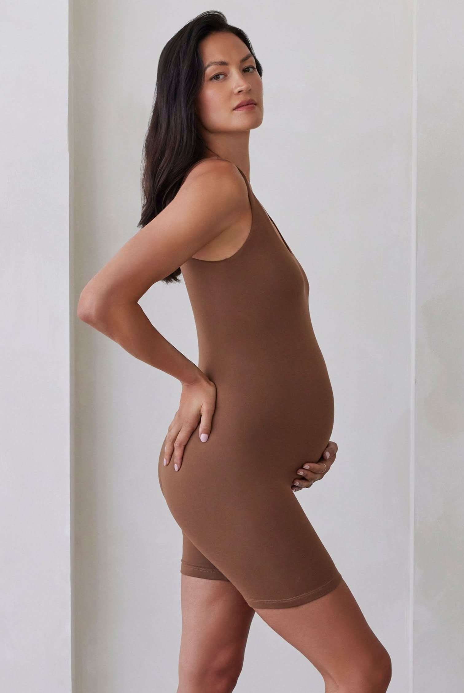 Bumpsuit Maternity The Cindy Sleeveless Romper Jumpsuit in Mocha