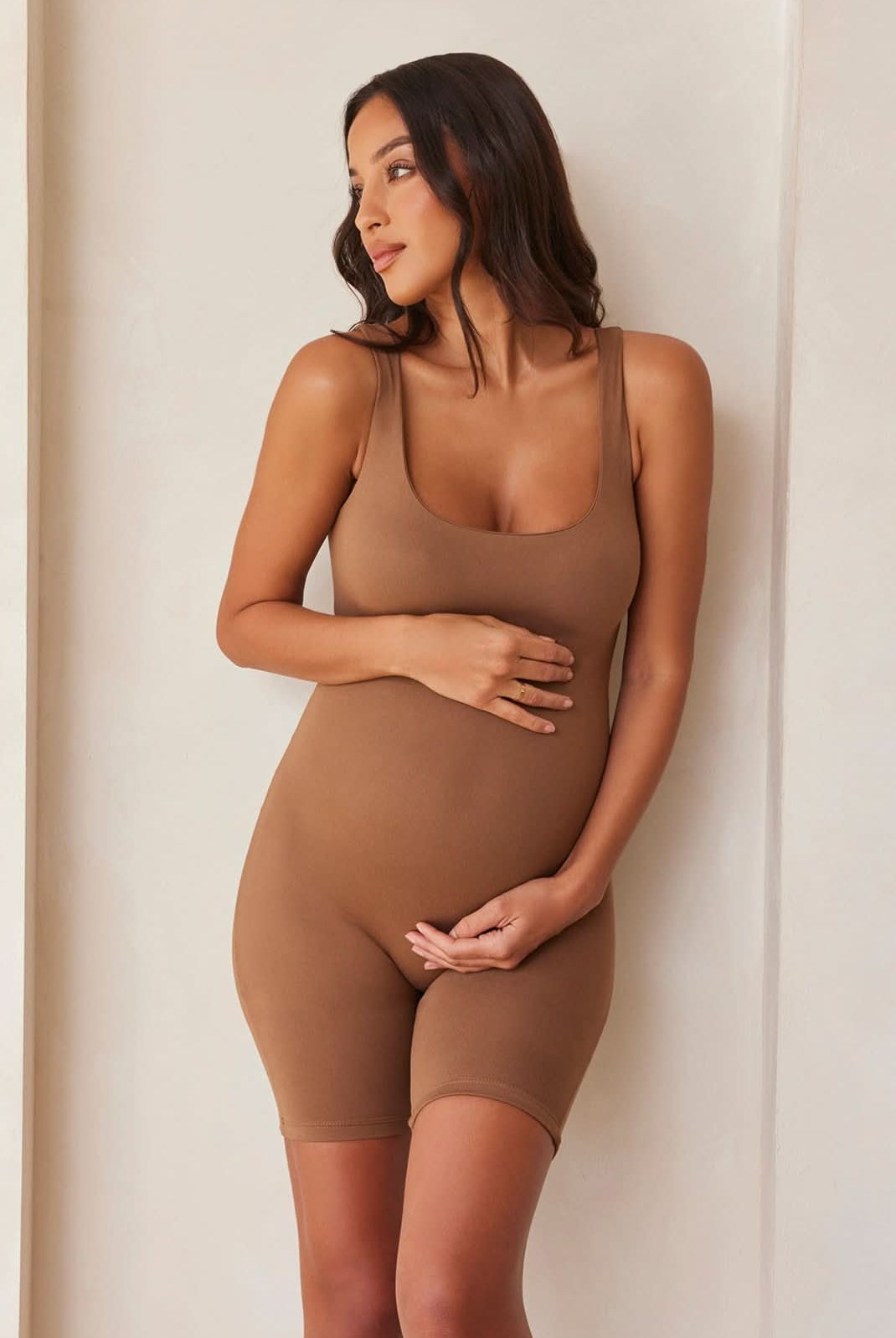 Bumpsuit Maternity The Cindy Sleeveless Romper Jumpsuit in Mocha