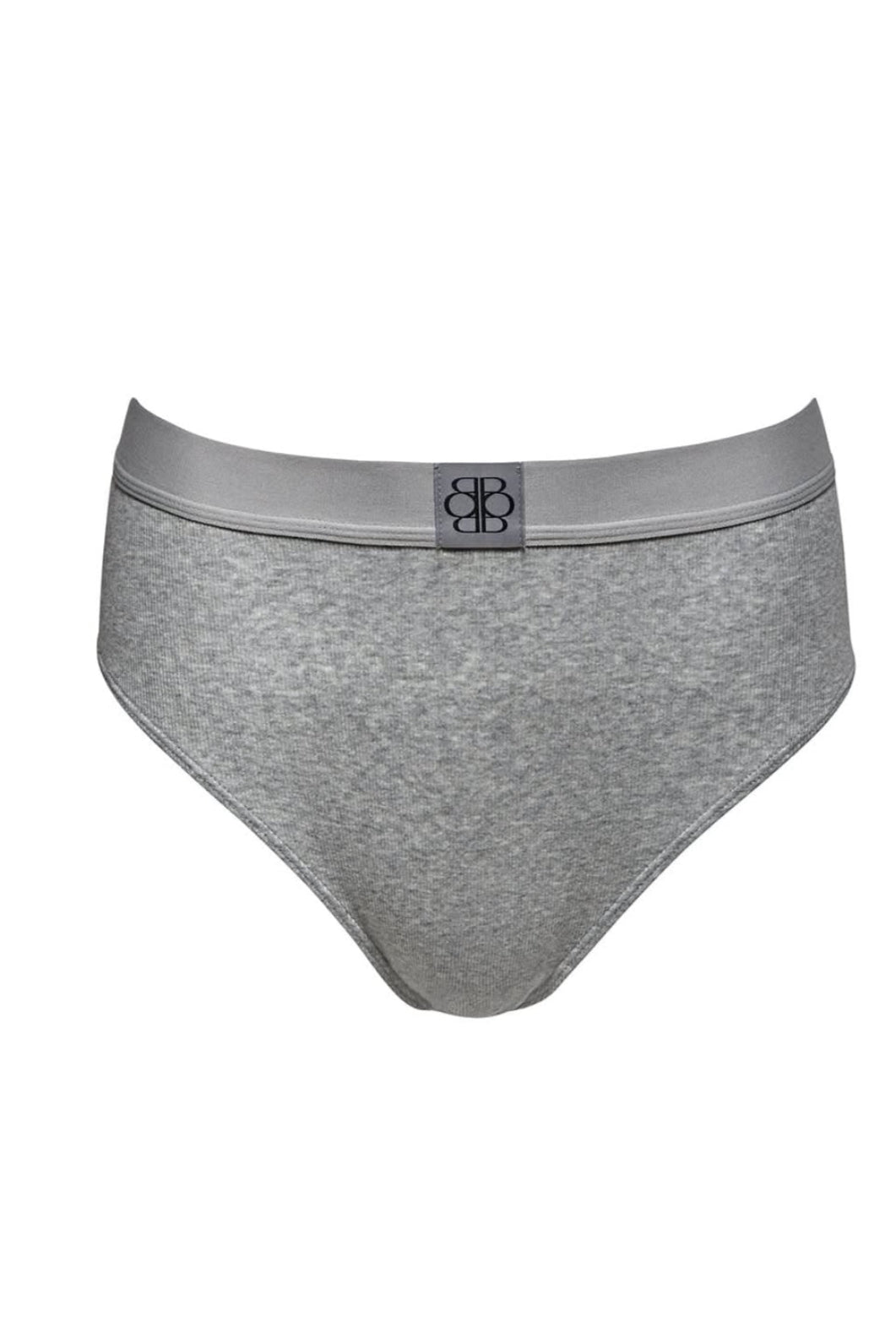 Front view of Cotton Rib Full Coverage Brief showcasing ribbed heather grey fabric and logo waistband with a white background