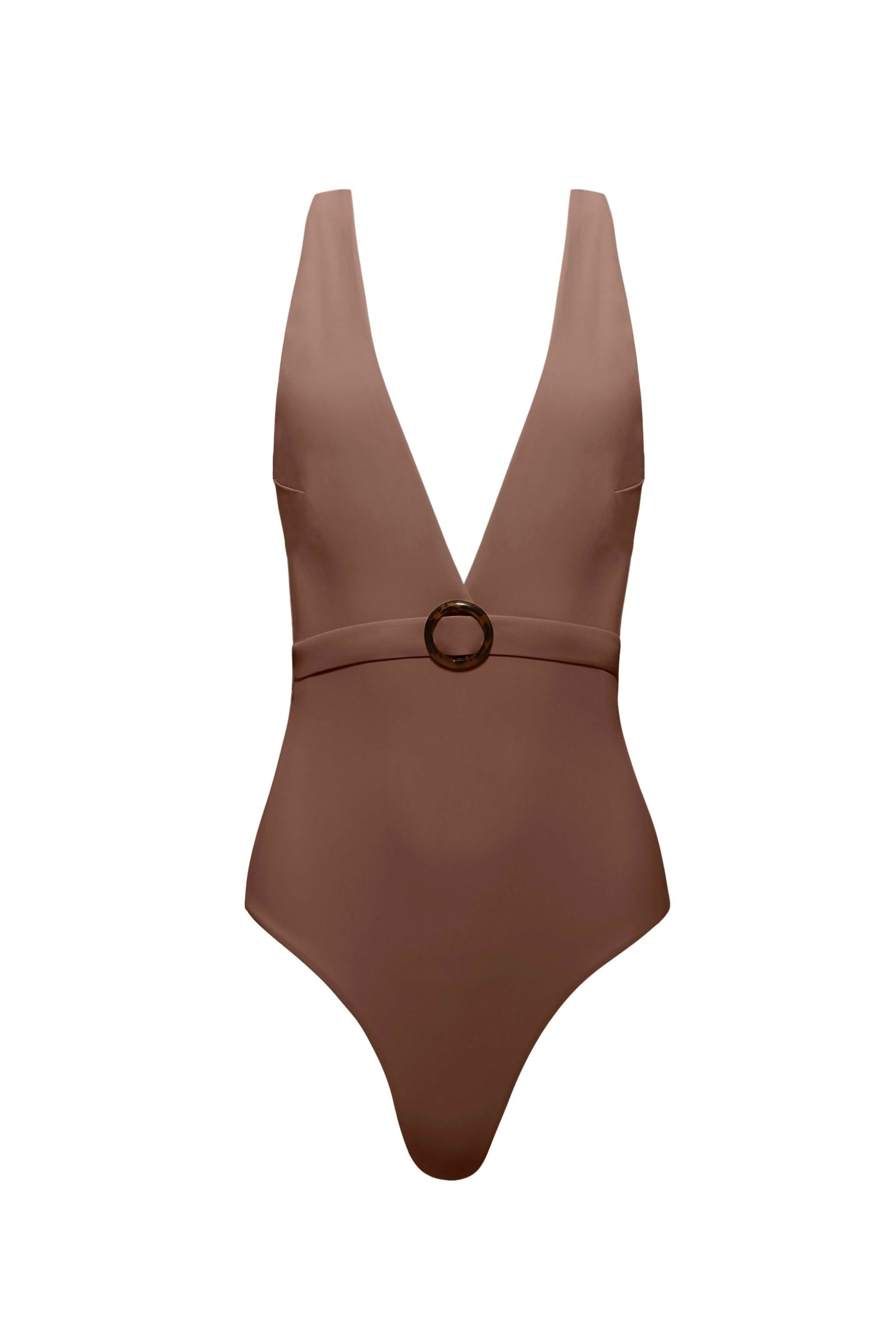 Bumpsuit Maternity The Loren Deep V Neck Belted One Piece Swimsuit in Chestnut