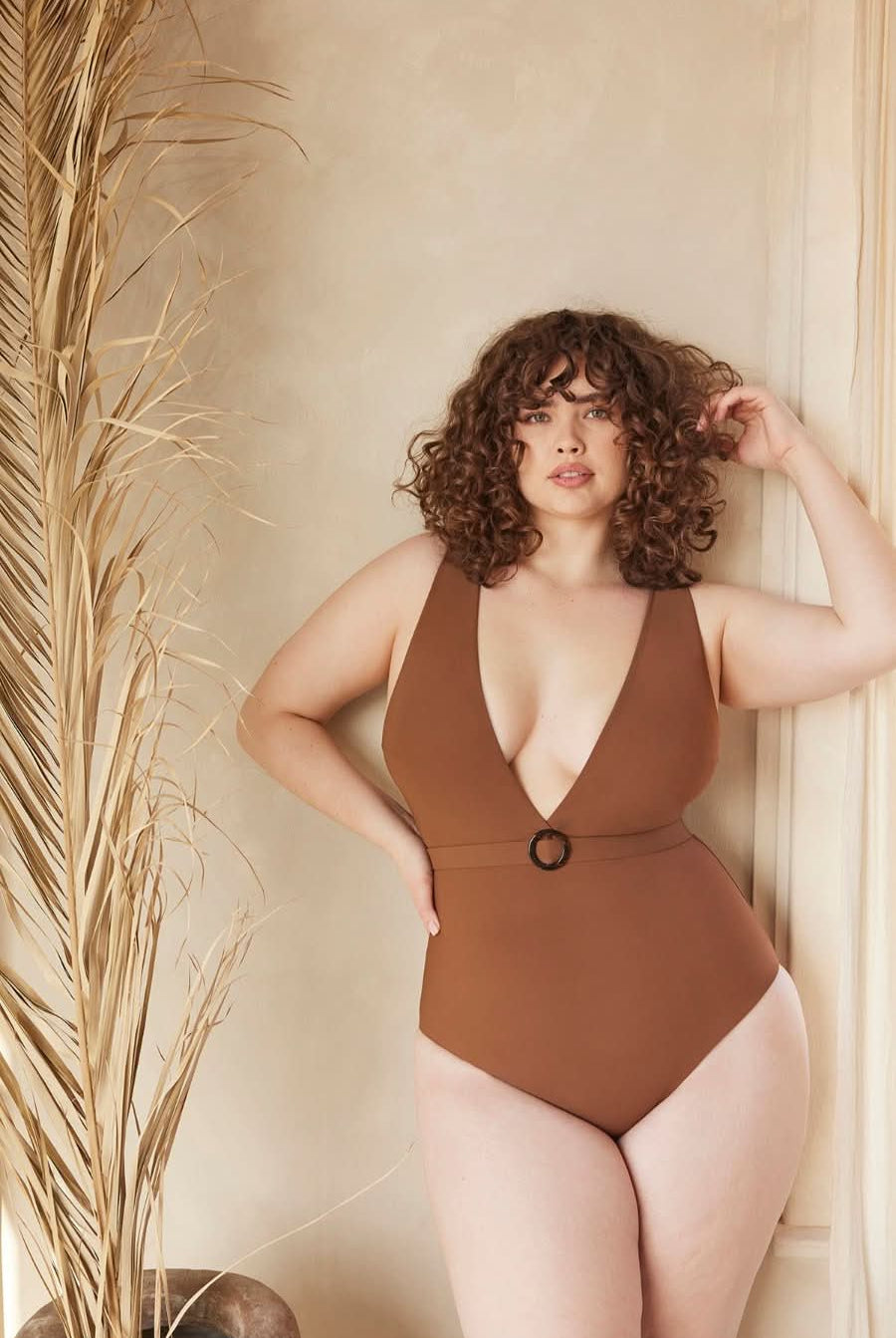 Bumpsuit Maternity The Loren Deep V Neck Belted One Piece Swimsuit in Chestnut
