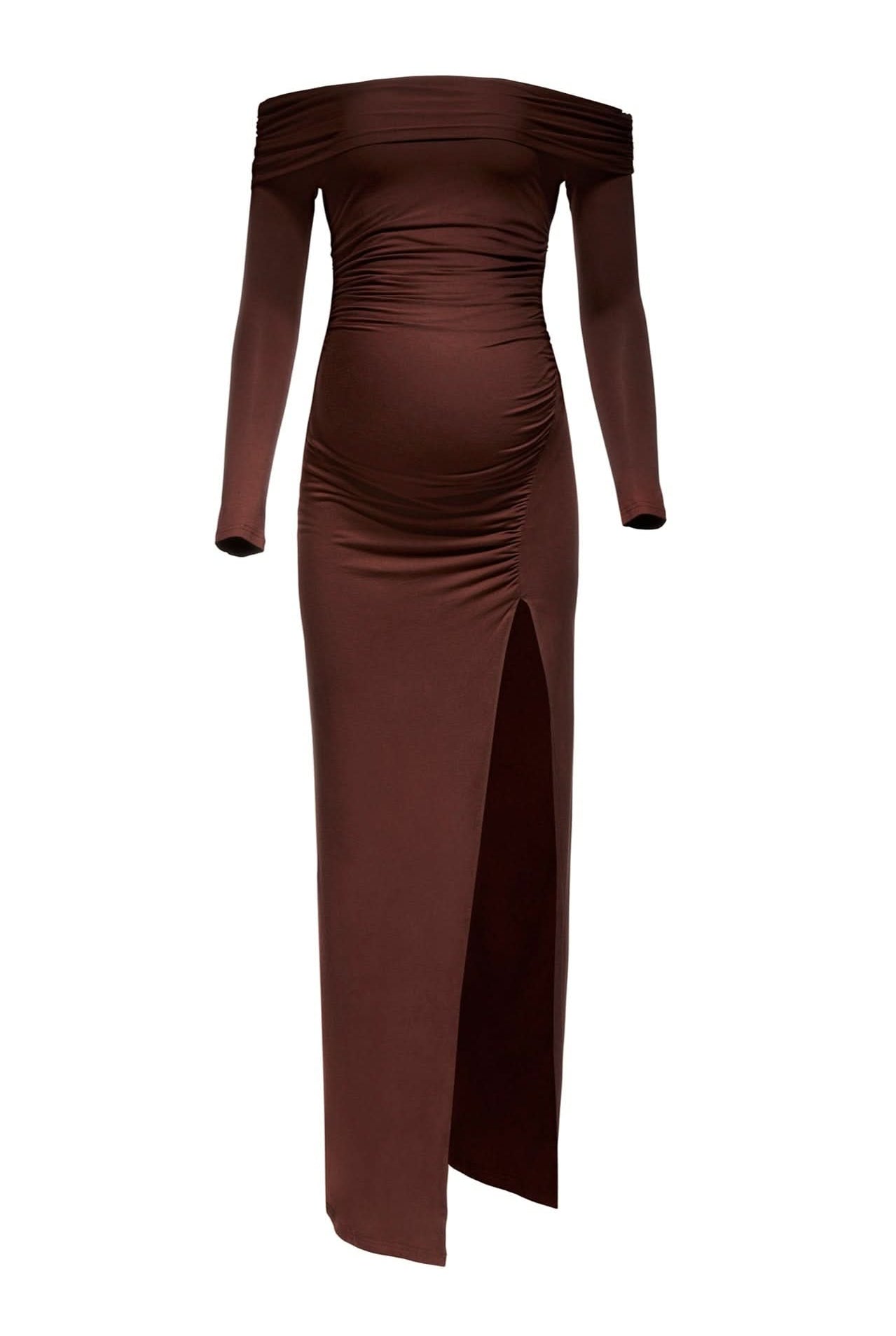 bumpsuit maternity the off the shoulder evening dress in chocolate