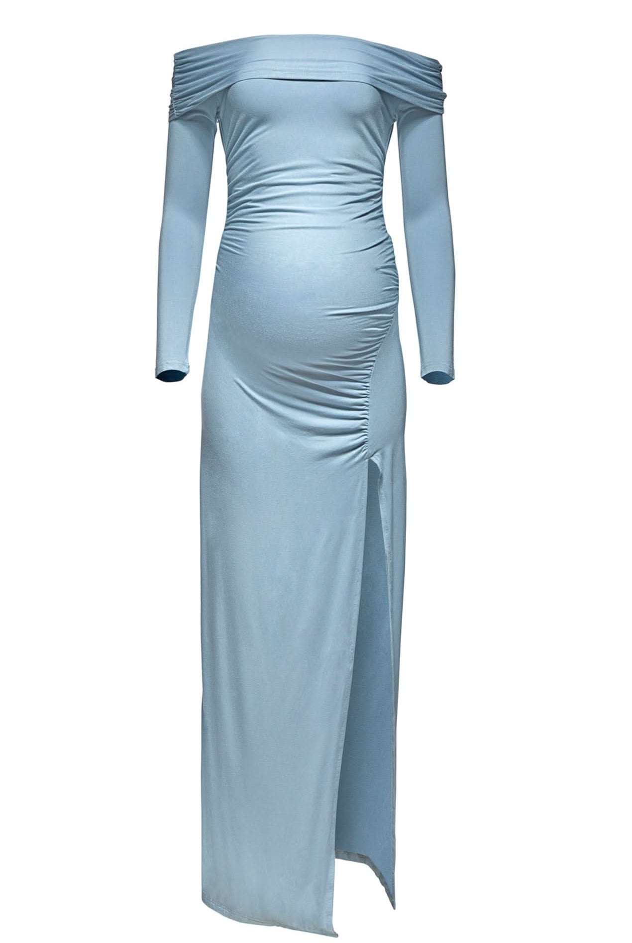 bumpsuit maternity off the shoulder evening dress in powder blue