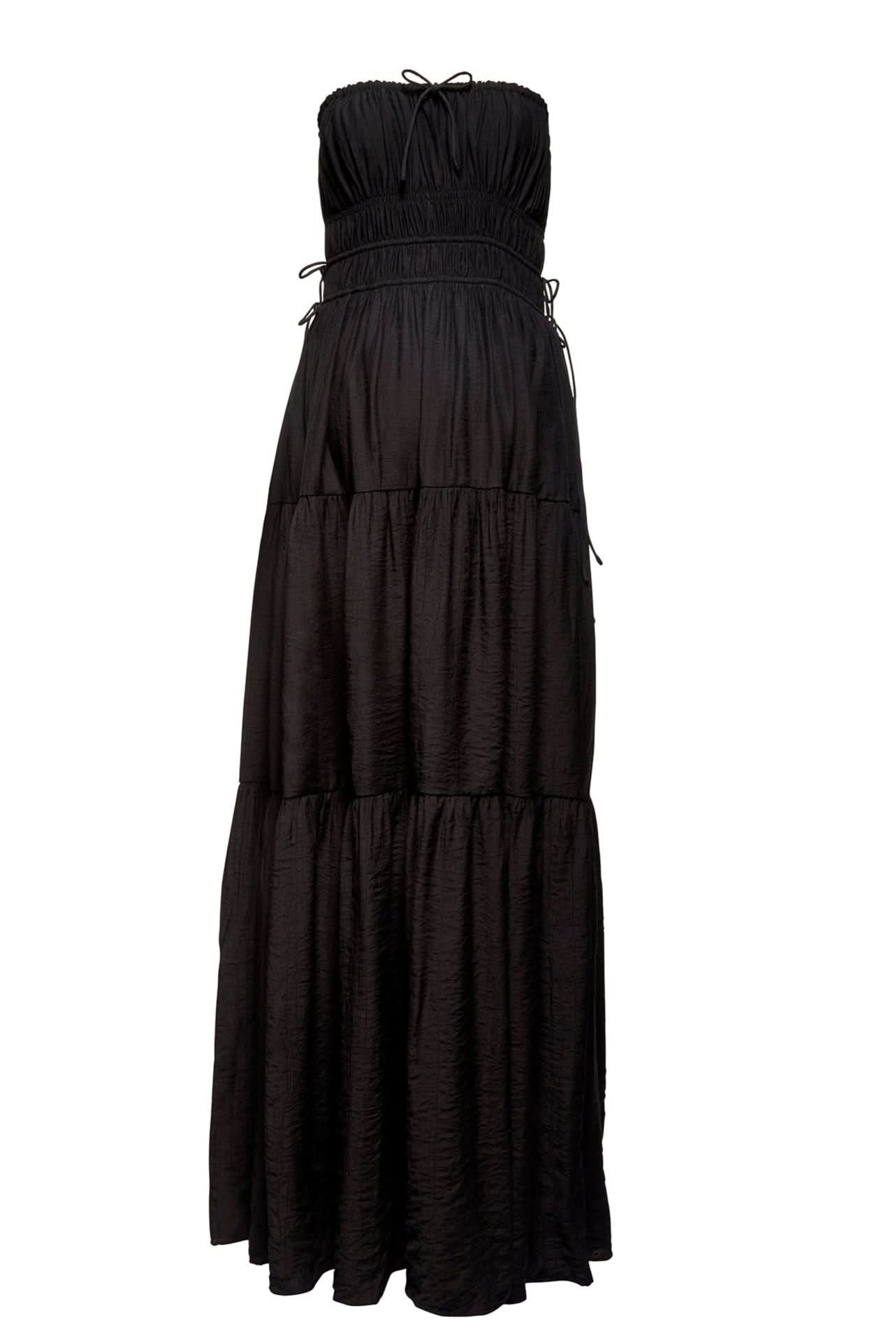 shirred strapless gown in black