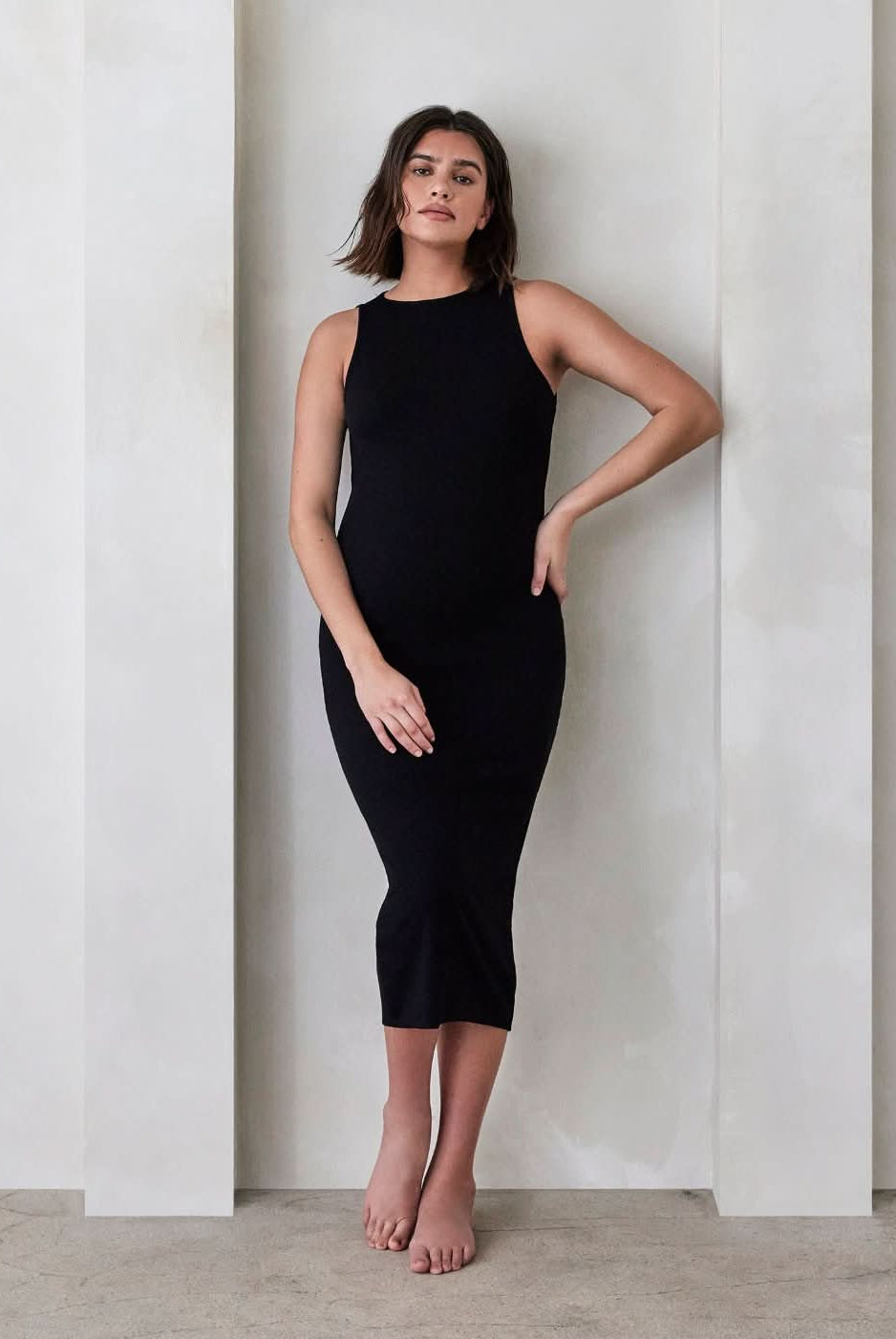 Bumpsuit Maternity Soft Rib Boat Neck Midi Dress in Black