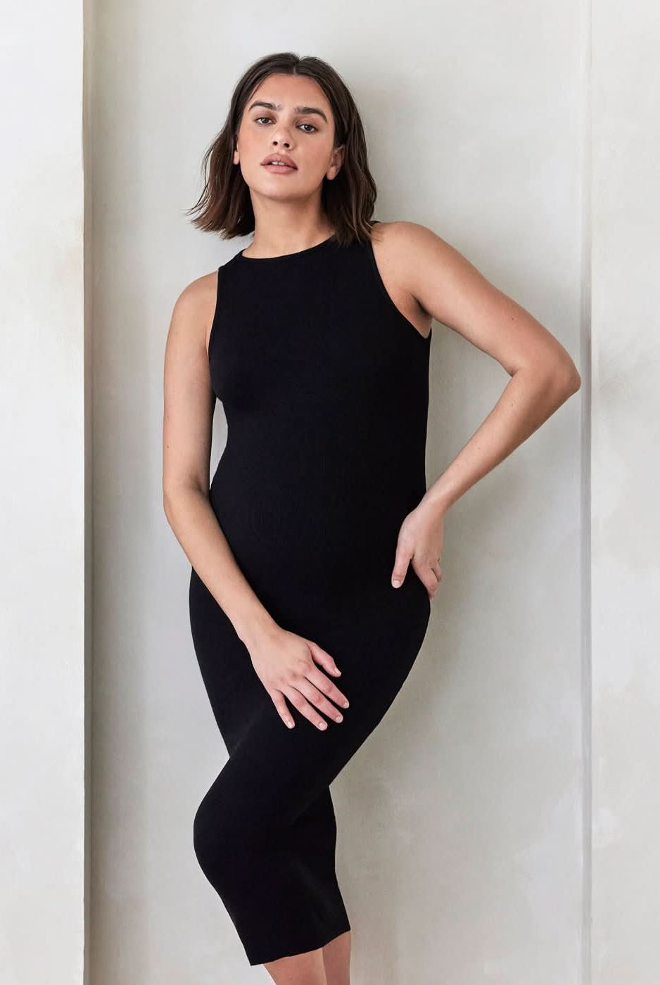 Bumpsuit Maternity Soft Rib Boat Neck Midi Dress in Black