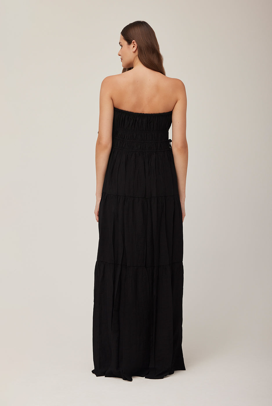 bumpsuit shirred strapless maternity maxi gown in black gauze