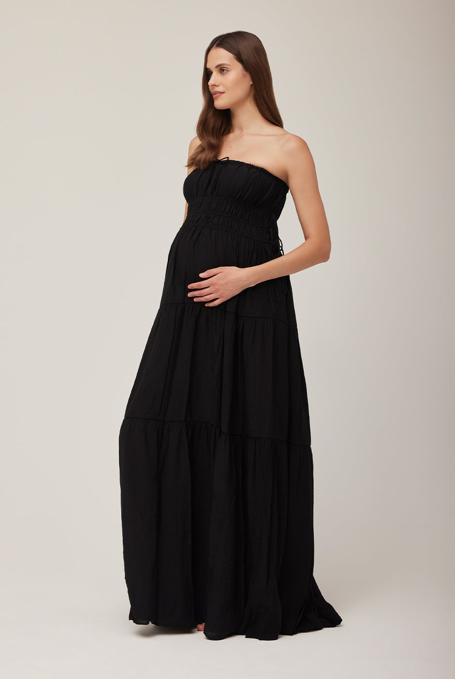 bumpsuit shirred strapless maternity maxi gown in black gauze