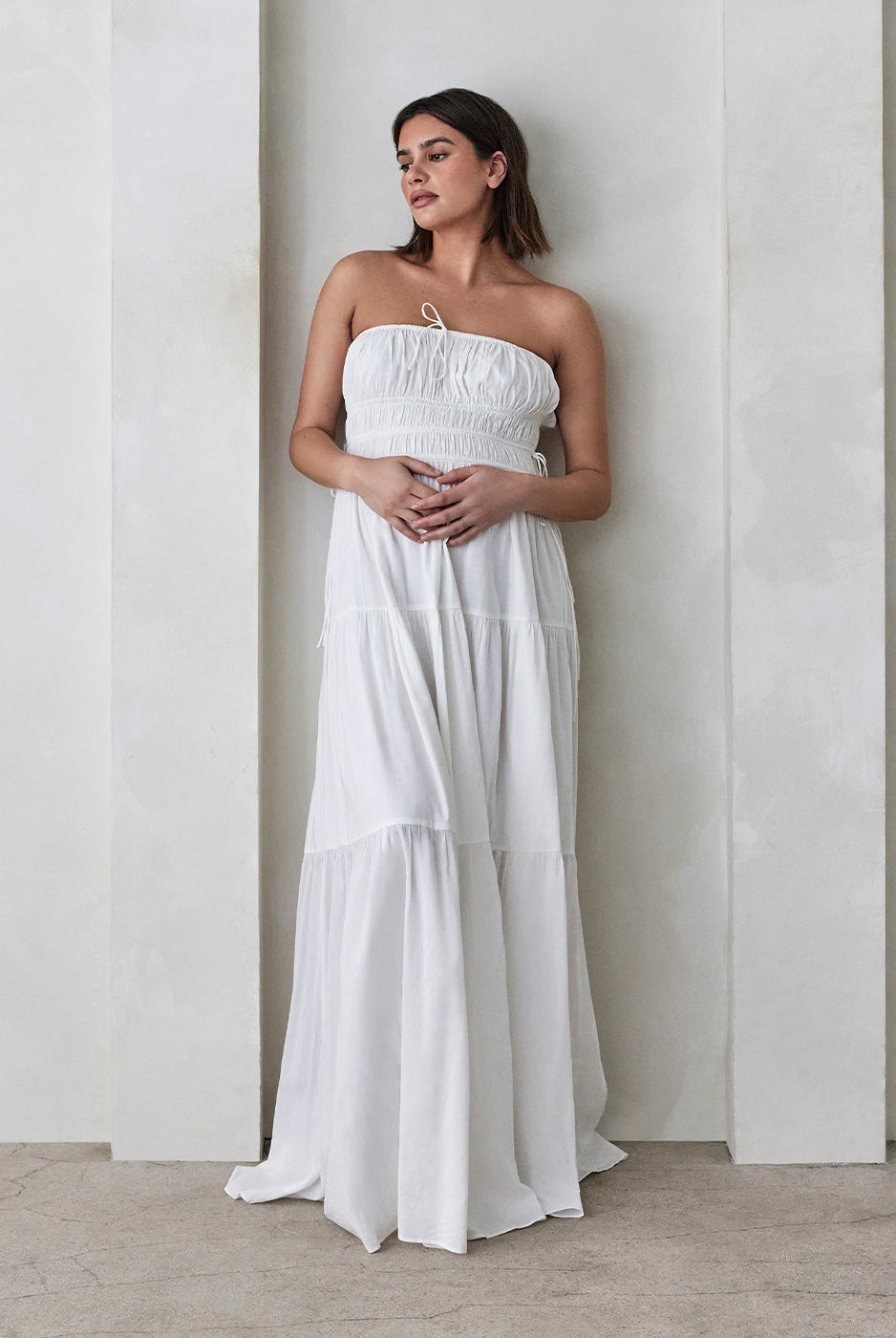 bumpsuit shirred strapless maternity maxi gown in white cotton poplin