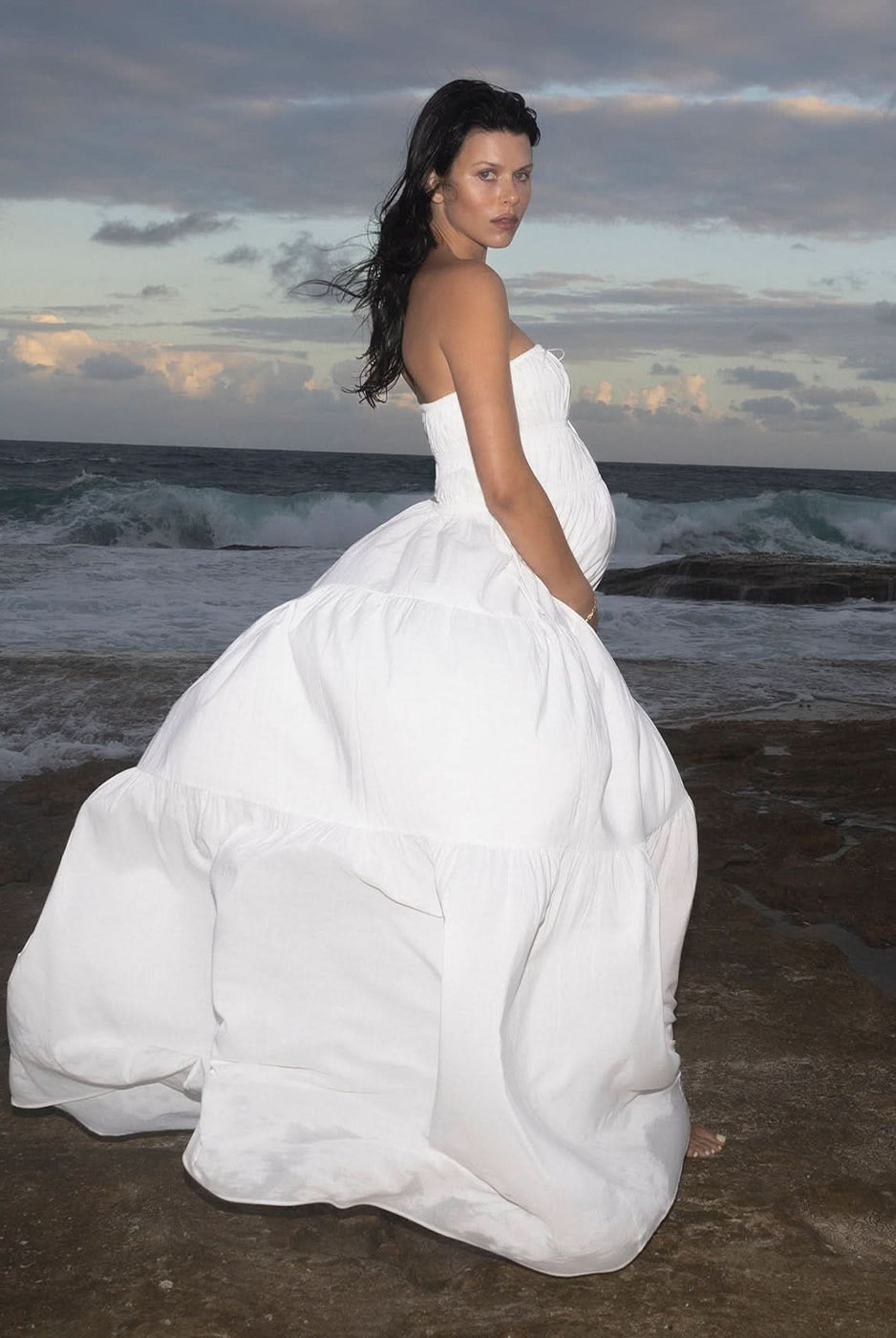 bumpsuit shirred strapless maternity maxi gown in white cotton poplin featuring Georgia Fowler