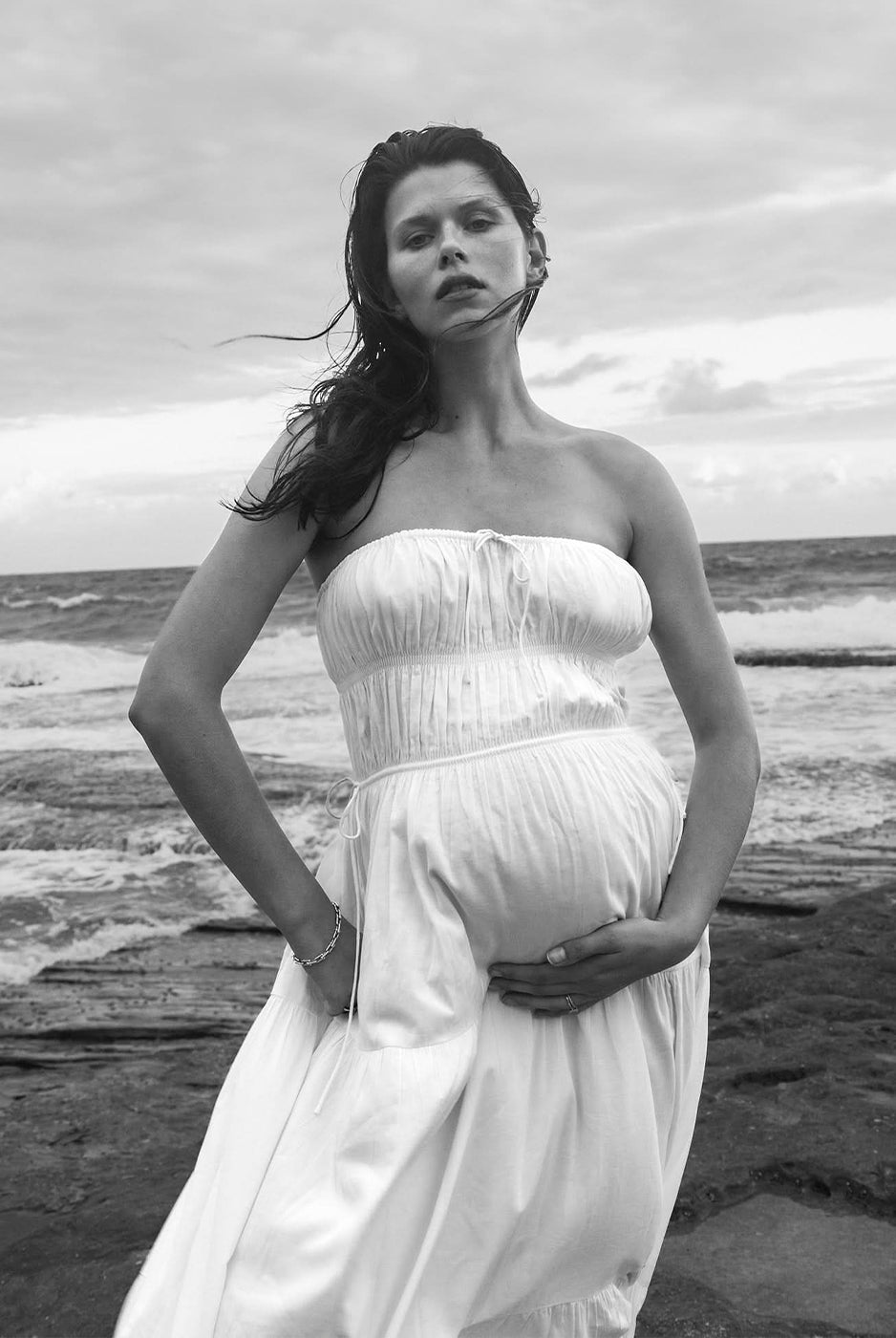 bumpsuit shirred strapless maternity maxi gown in white cotton poplin featuring Georgia Fowler