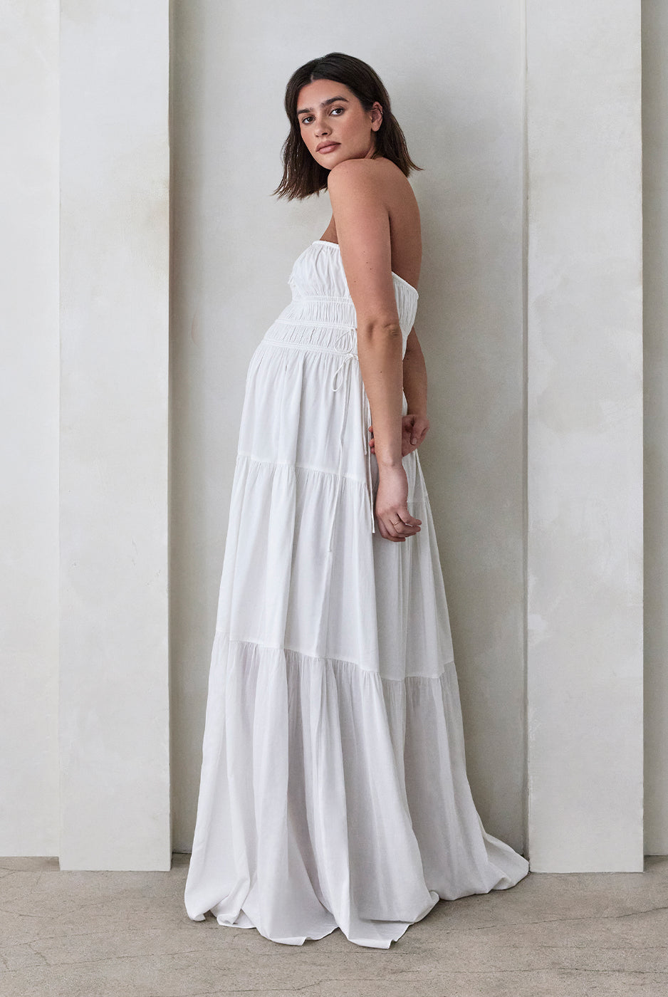 bumpsuit shirred strapless maternity maxi gown in white cotton poplin