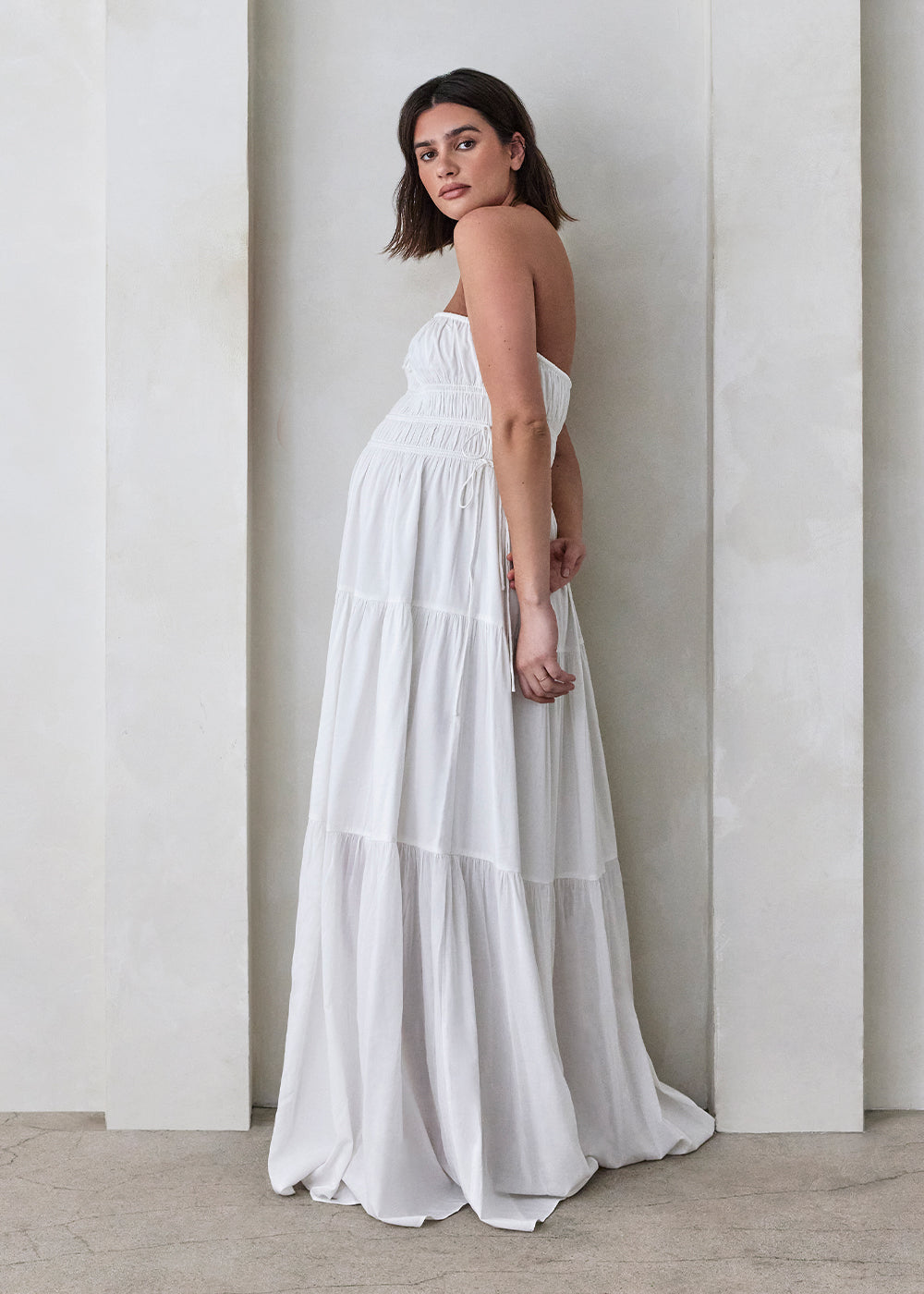 cotton maternity maxi dress Shirred Strapless Gown for Women, White Poplin, XS, Bumpsuit Color:Blue Dahlia Lace LILLUSORY Women Halter Polka #72177 Maternity fashion perfect for any season
