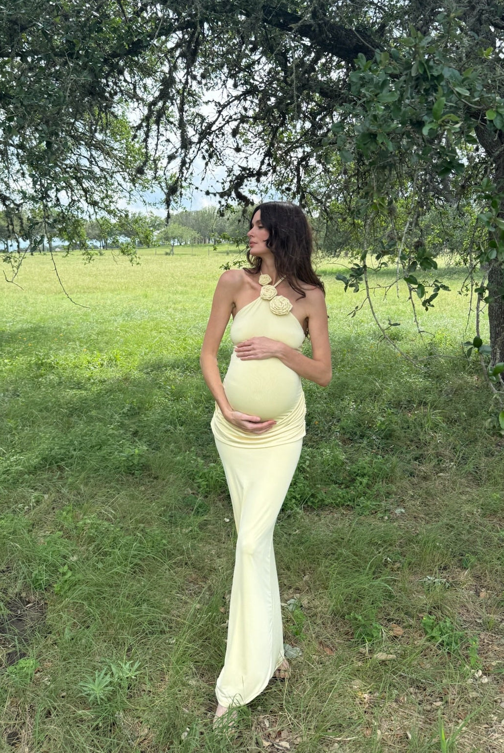 Pregnant woman in a yellow dress standing in a grassy field with trees.