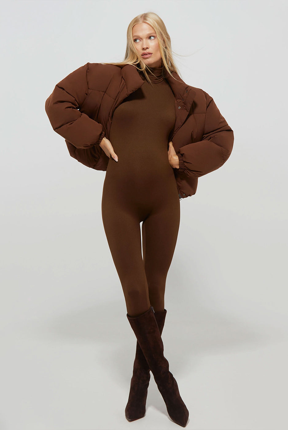 Bumpsuit Maternity Cropped Puffer Jacket in Chocolate worn by Vita Sidorkina
