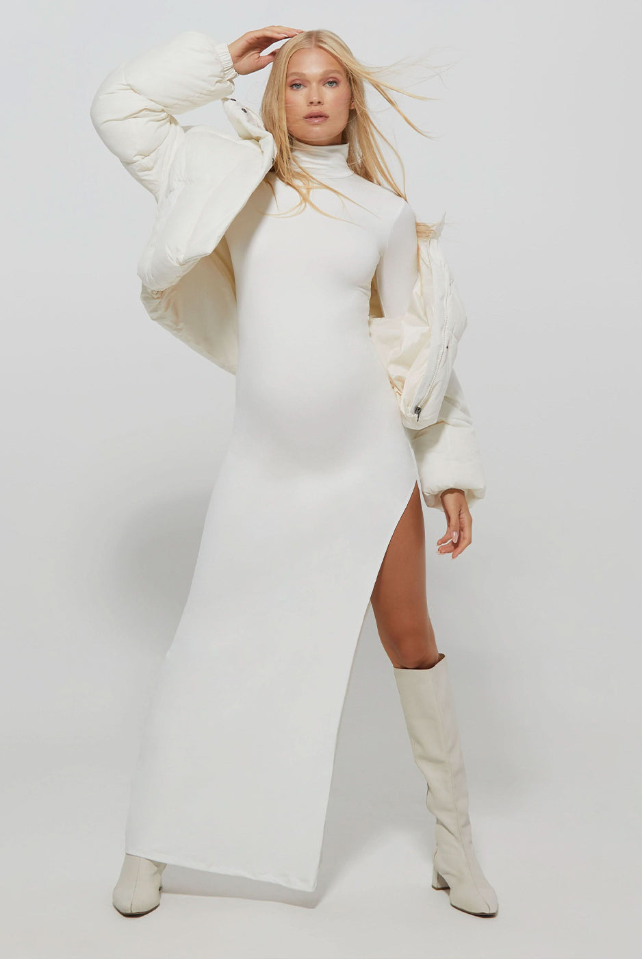 bumpsuit maternity the cropped puffer jacket in snow worn by vita sidorkina