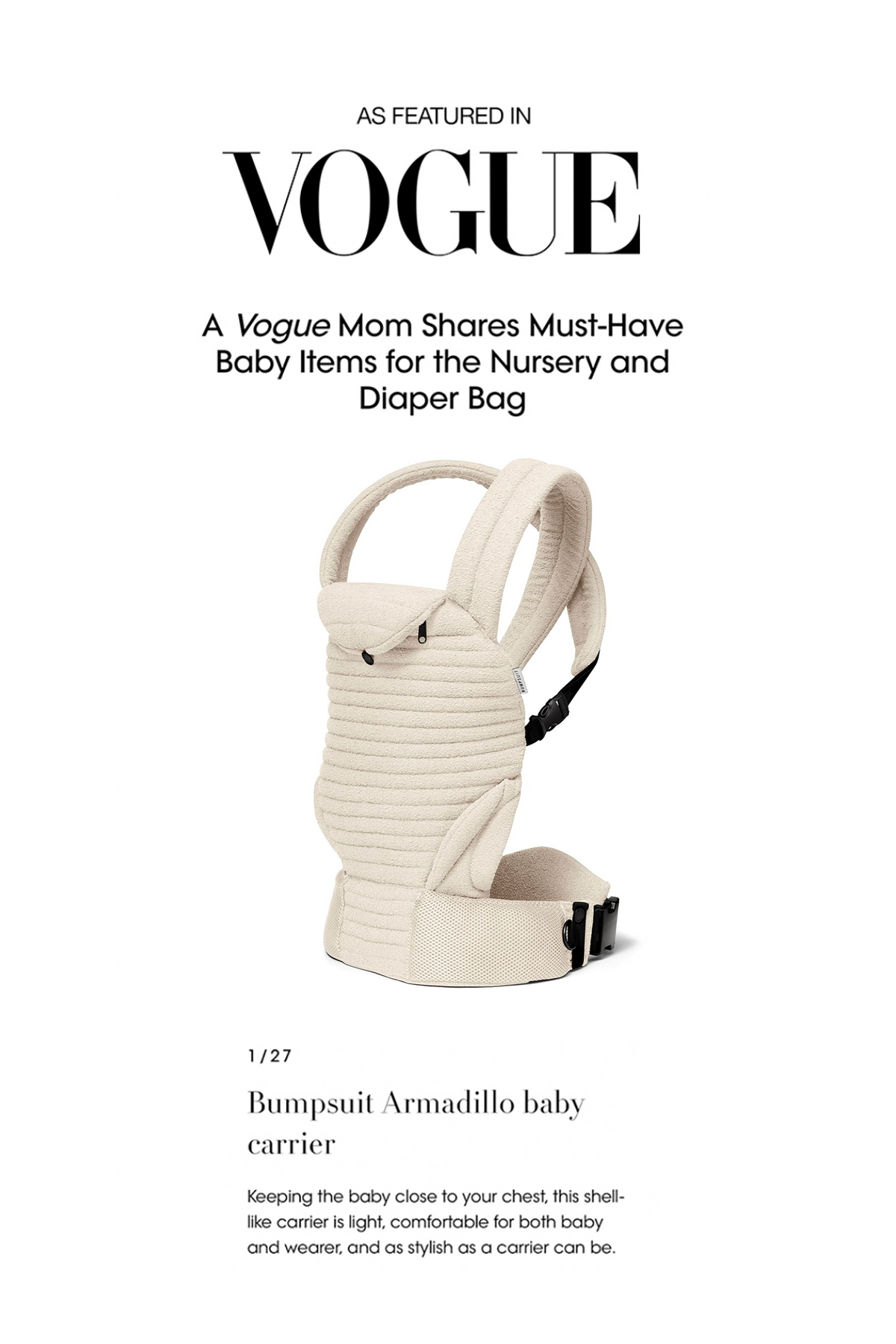 Vogue feature showing the Bumpsuit Armadillo baby carrier as a must-have baby item for the nursery and diaper bag