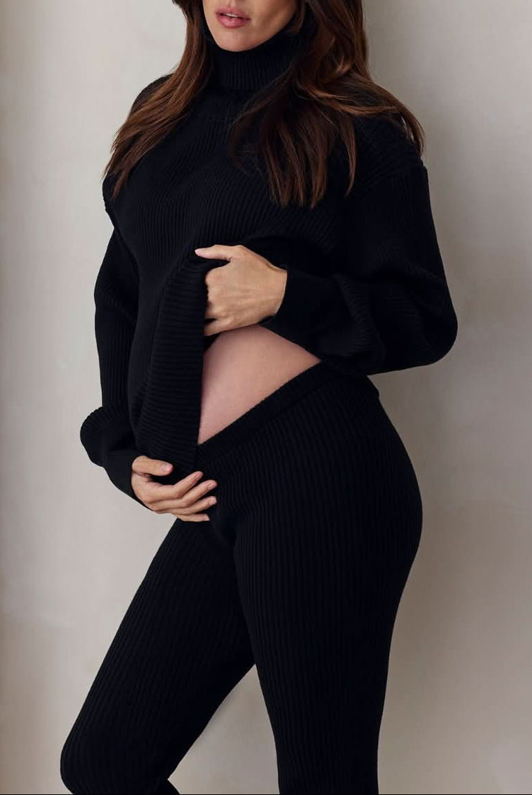 cozy knit turtleneck sweater and flare pant in black