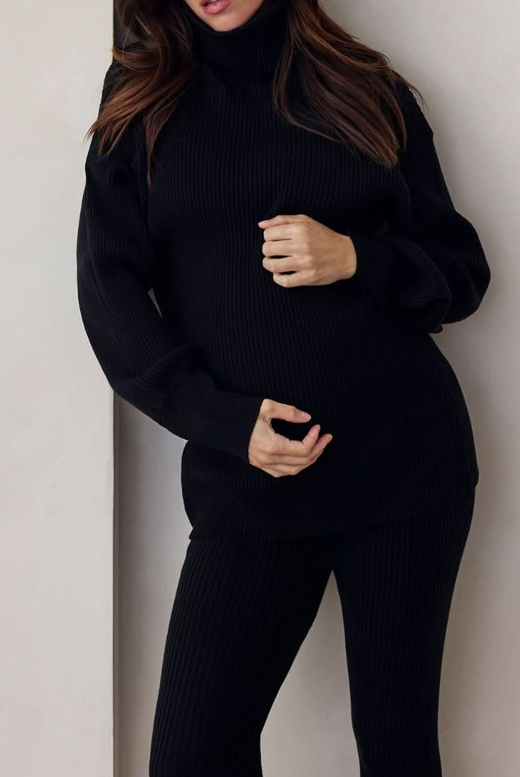 cozy knit turtleneck sweater and flare pant in black