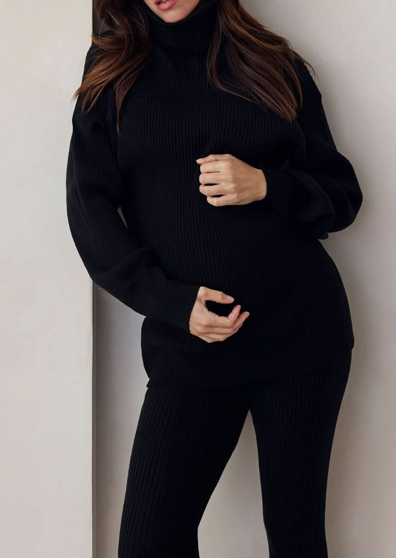 cozy knit turtleneck sweater and flare pant in black