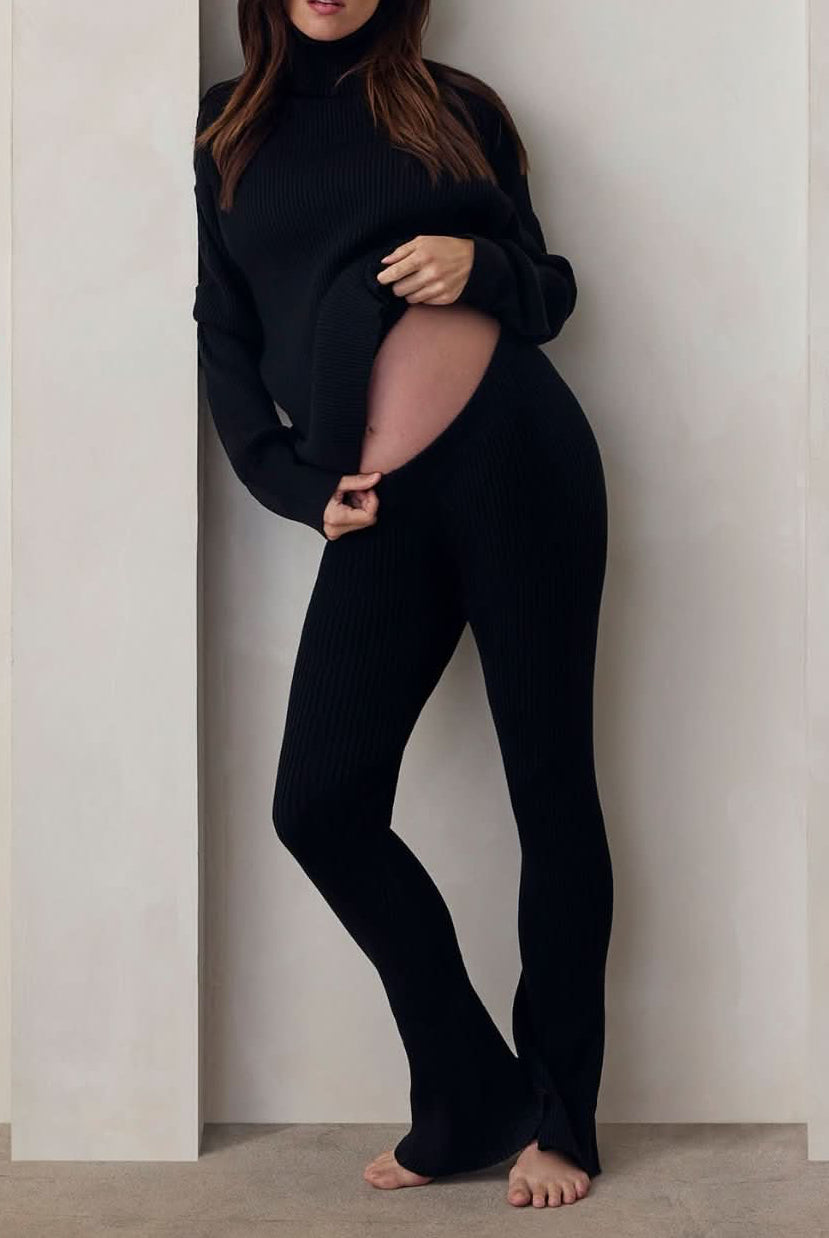 cozy knit turtleneck sweater and flare pant in black