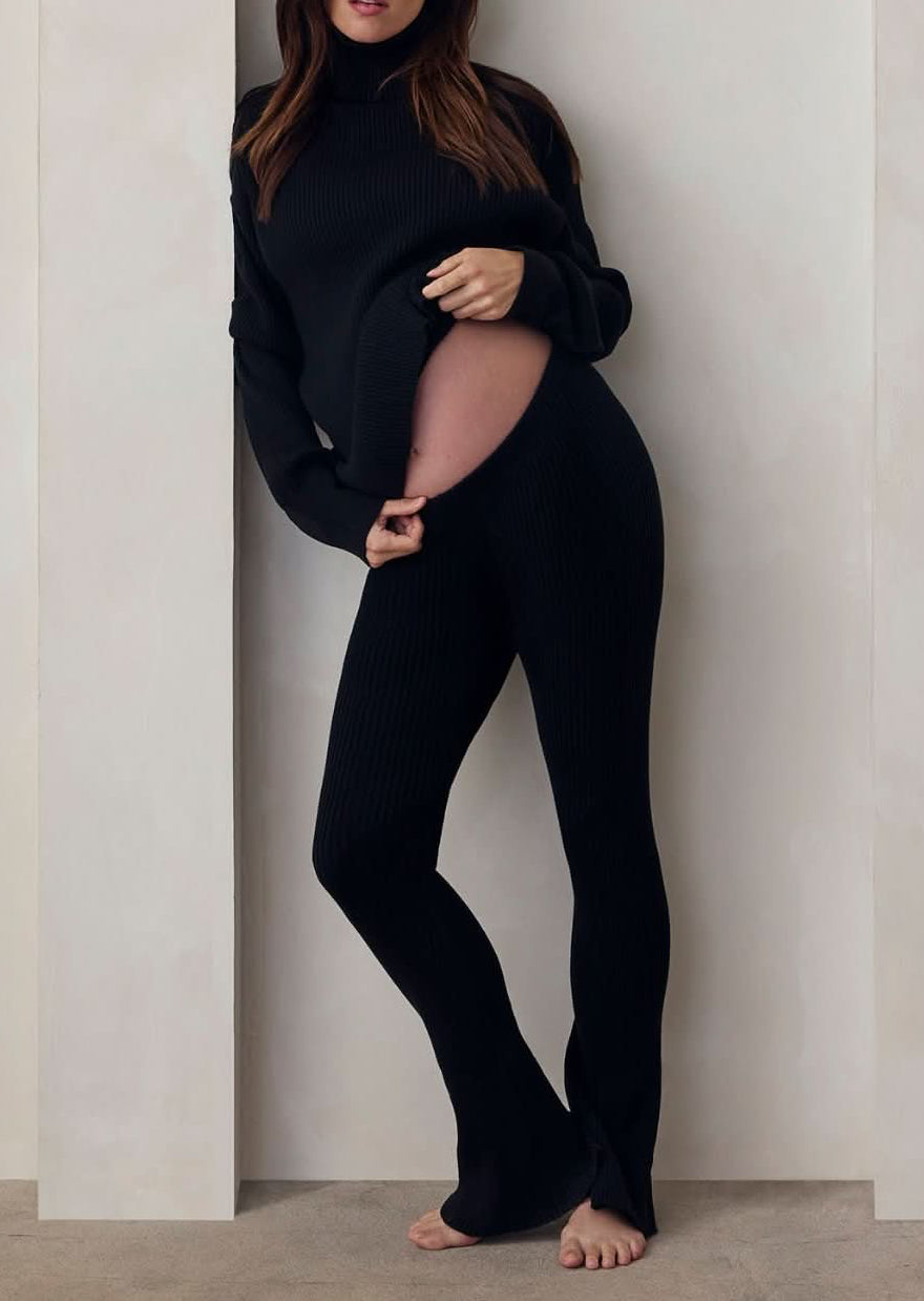 cozy knit turtleneck sweater and flare pant in black