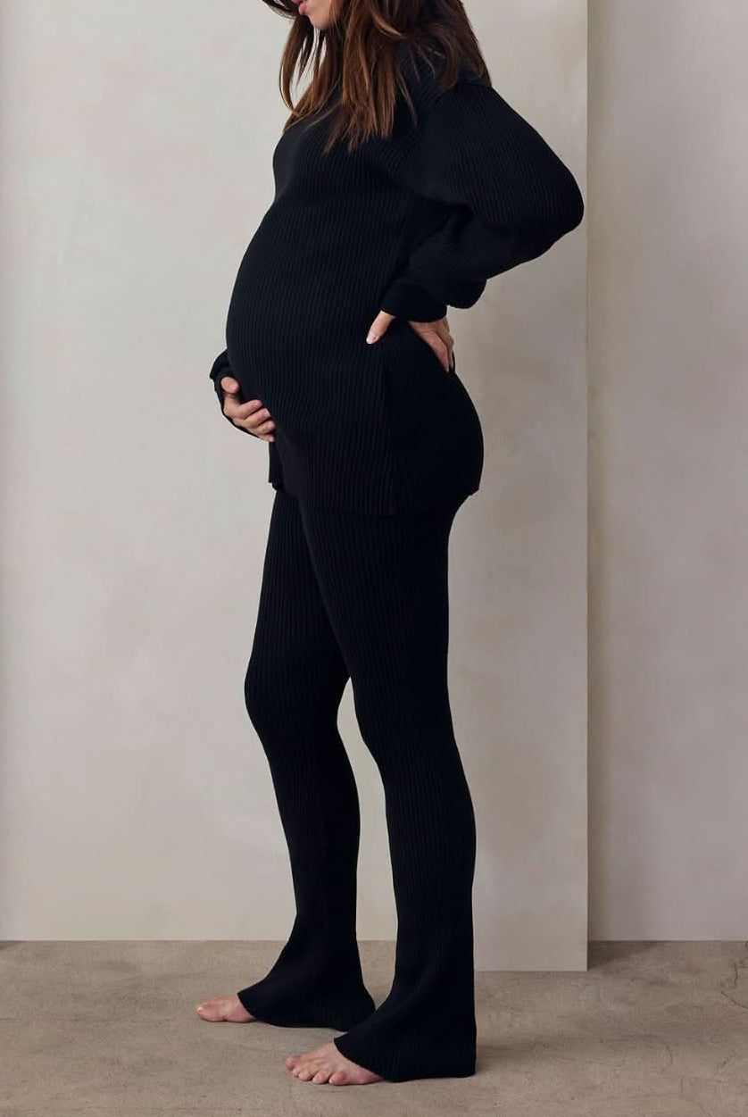 cozy knit turtleneck sweater and flare pant in black