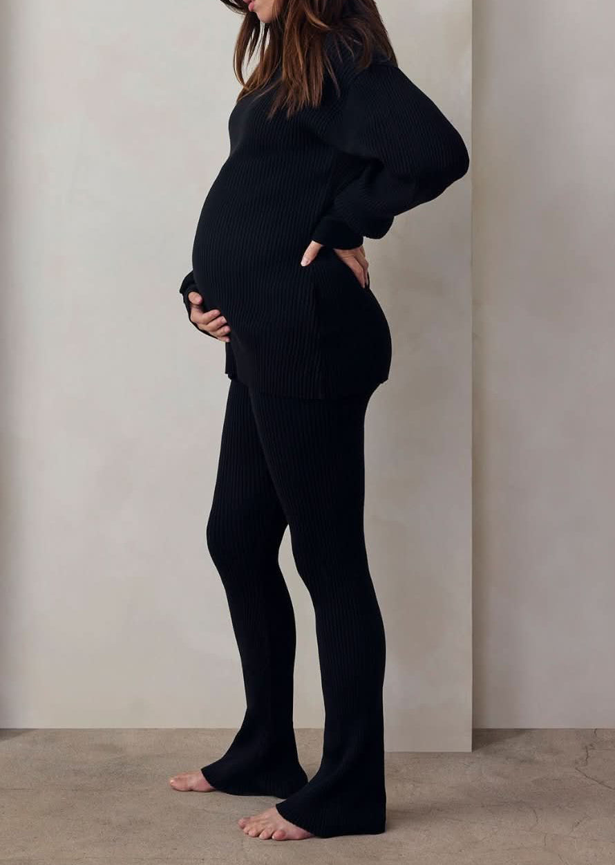 cozy knit turtleneck sweater and flare pant in black