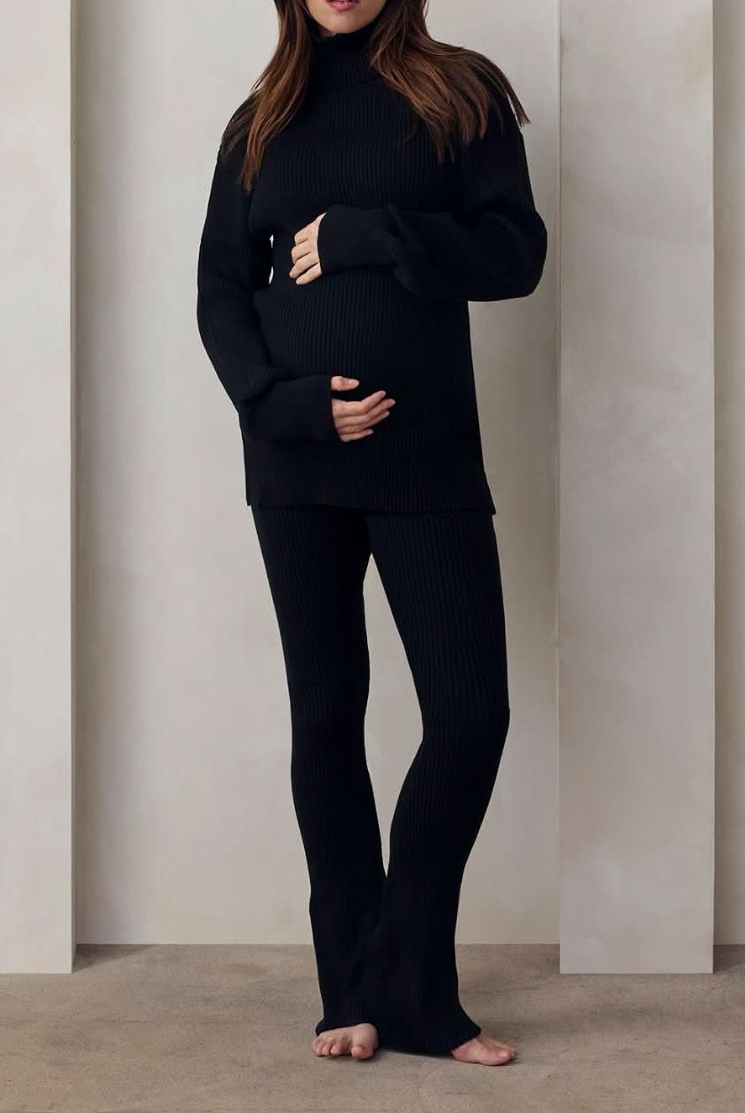 cozy knit turtleneck sweater and flare pant in black