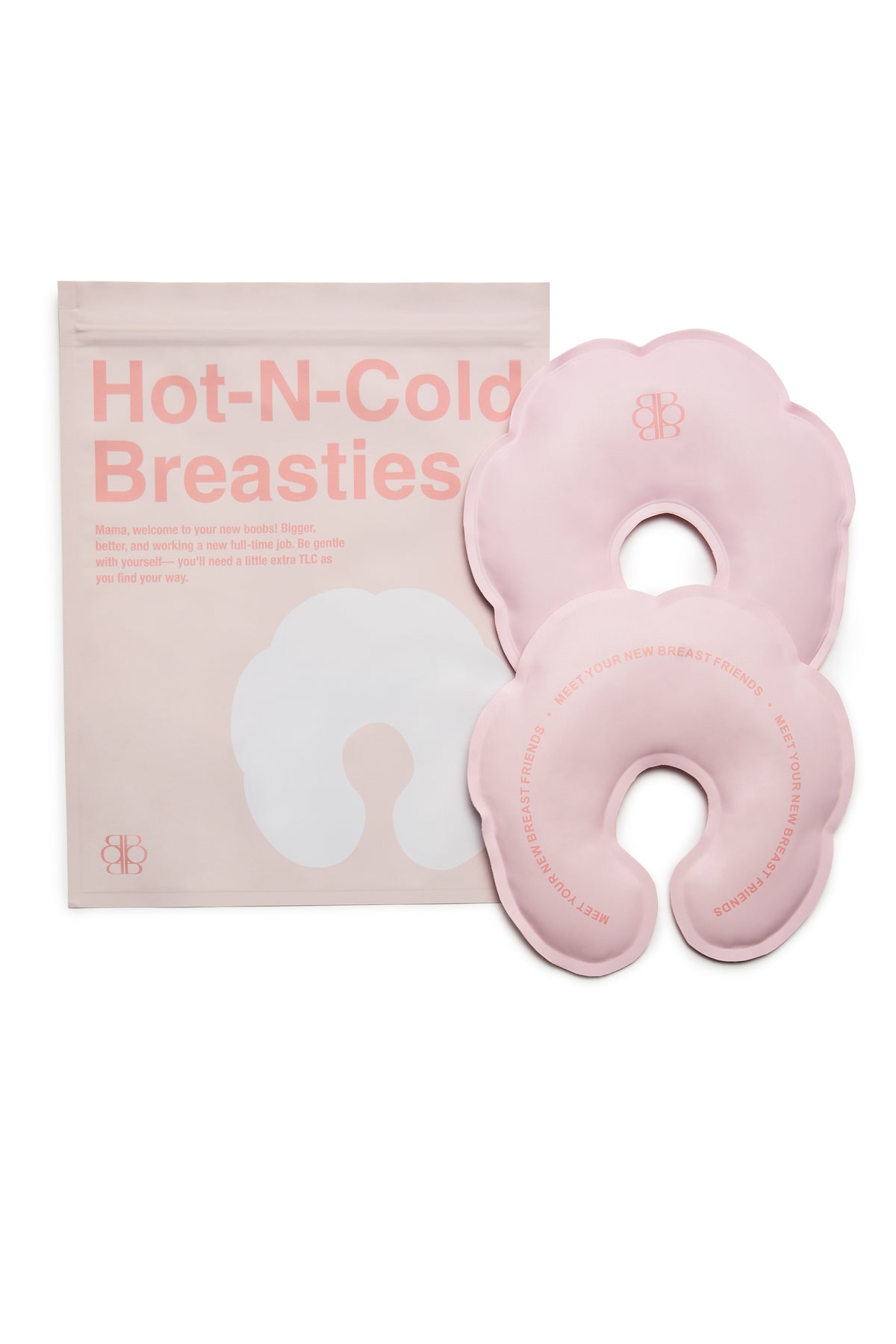 Front view of HOT-N-COLD BREASTIES reusable ice pink breast therapy packs with packaging on white background