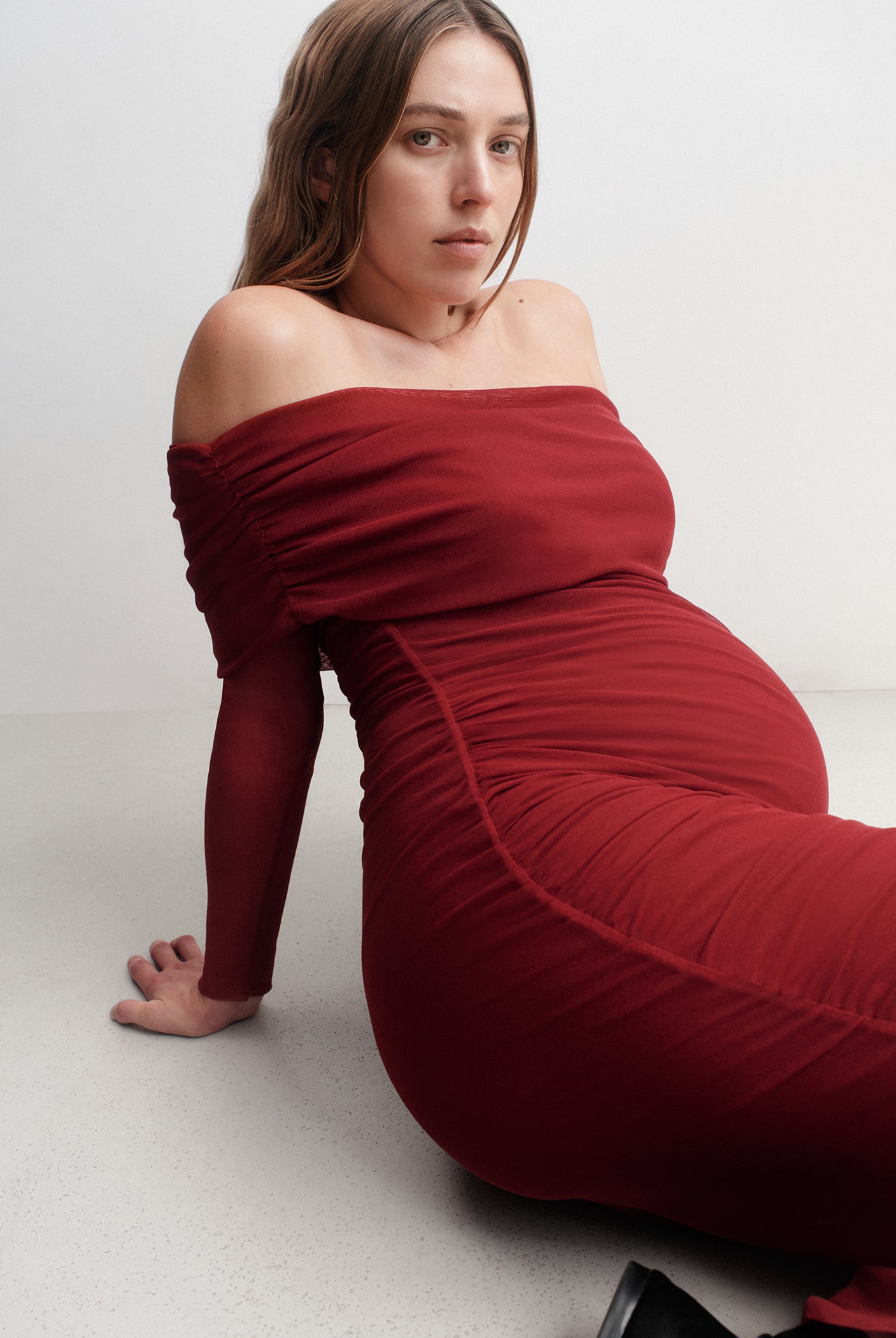 the off the shoulder soft mesh maternity dress in red