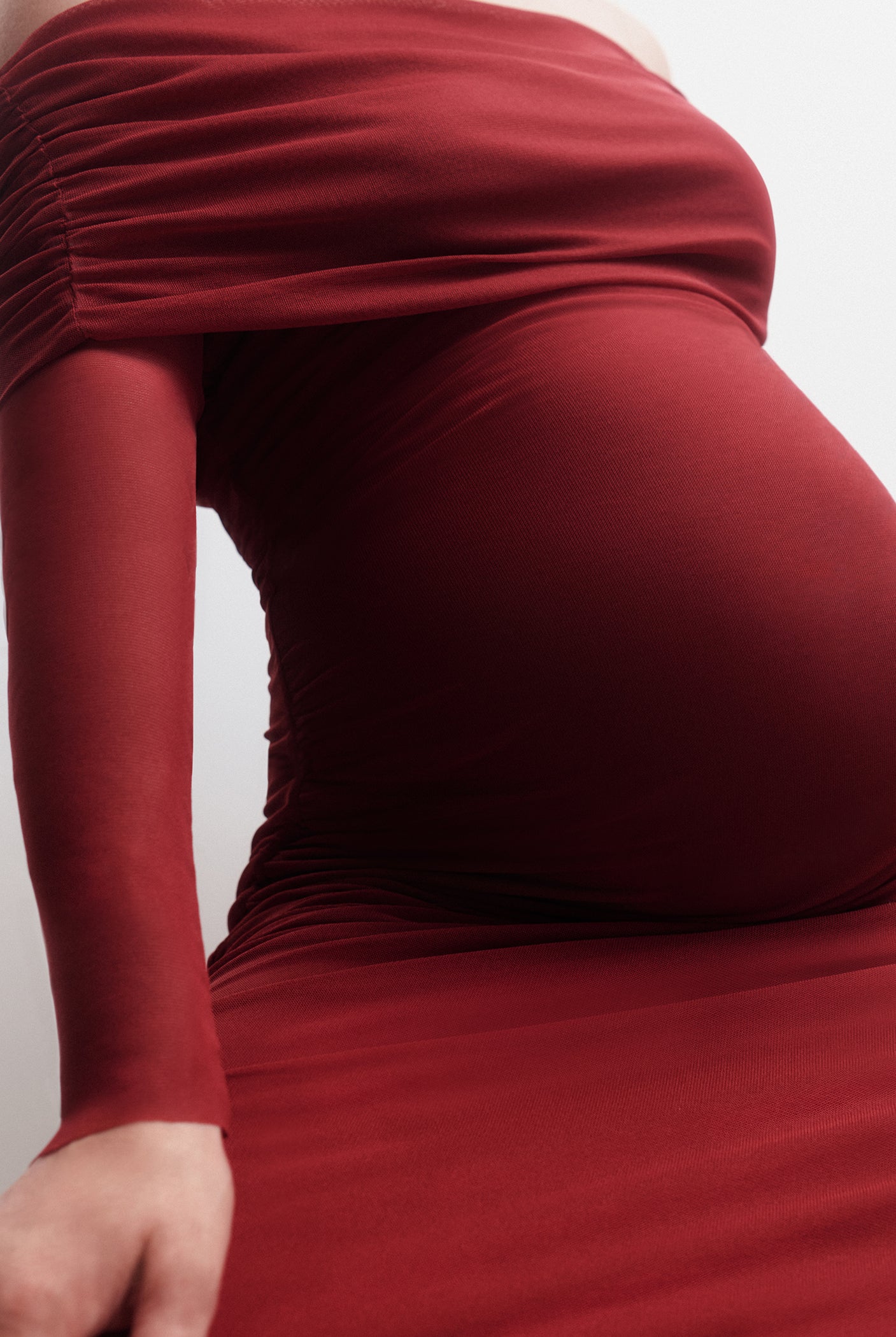 the off the shoulder soft mesh maternity dress in red