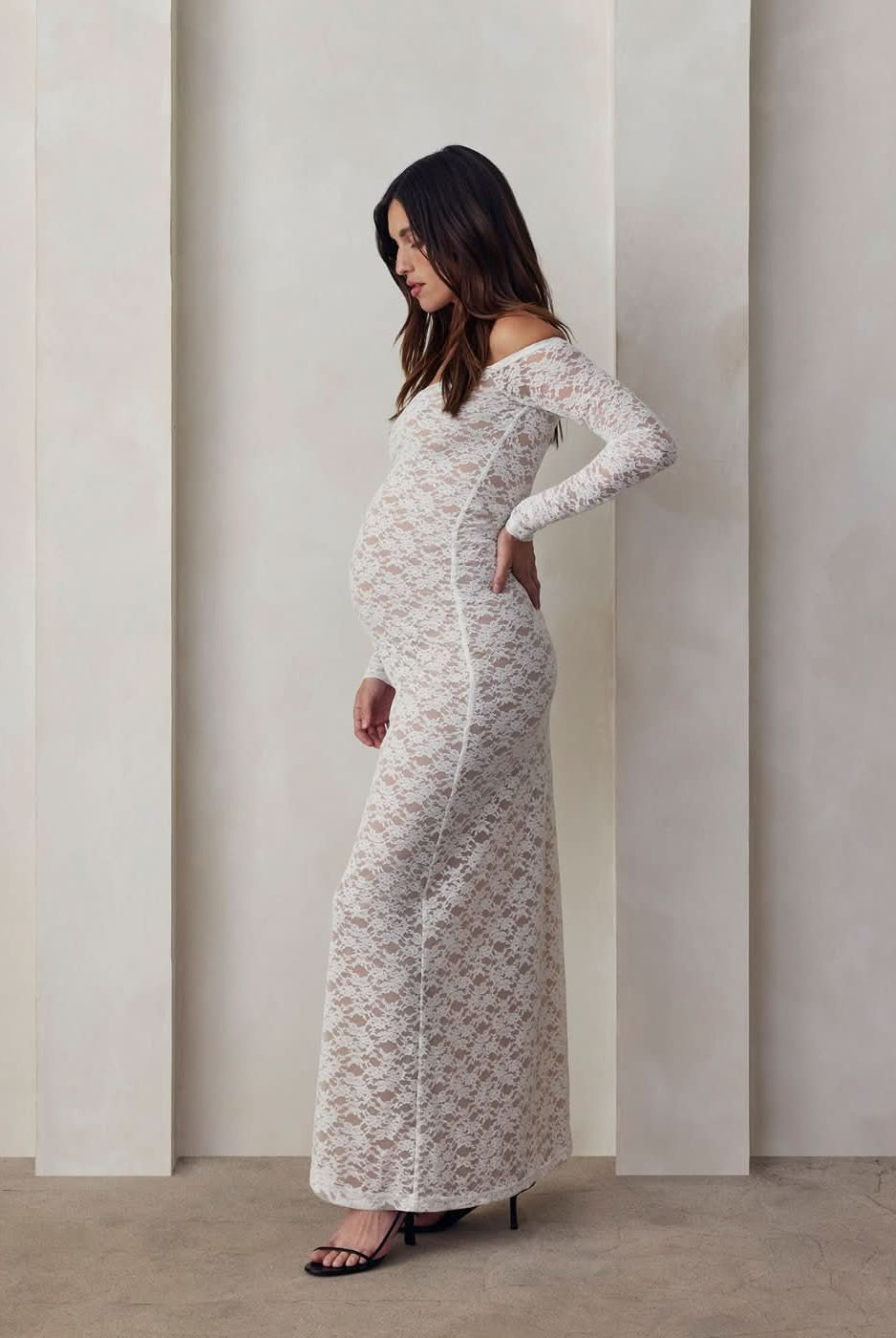 off the shoulder lace maxi dress in ivory