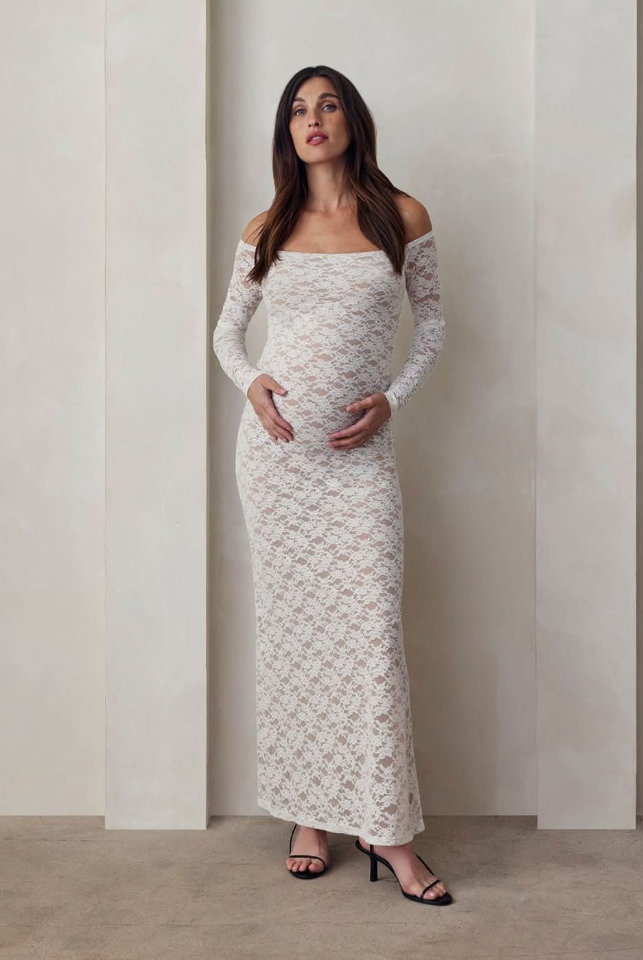 off the shoulder lace maxi dress in ivory