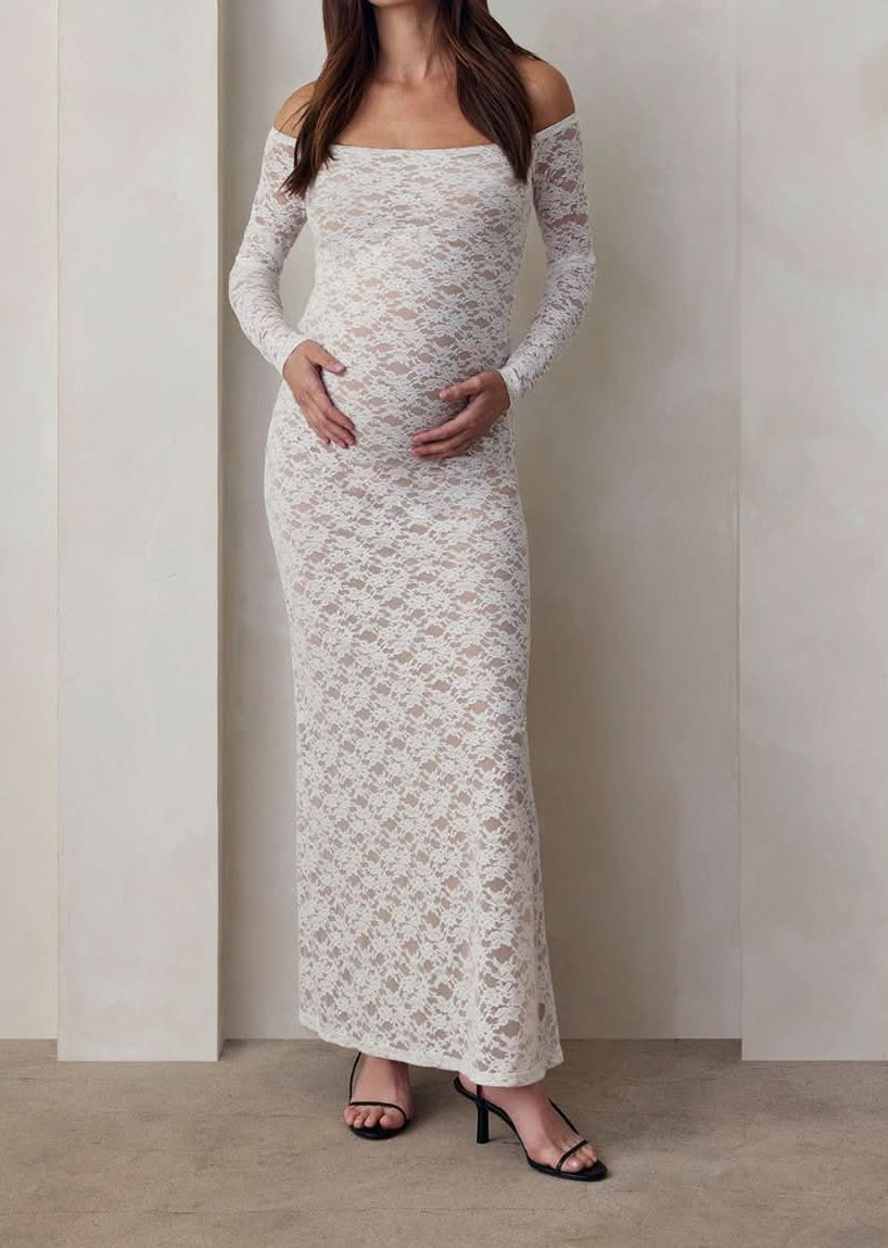off the shoulder lace maxi dress in ivory