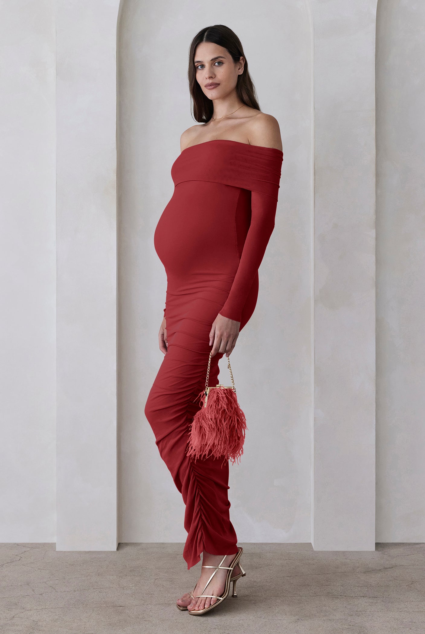 the off the shoulder soft mesh maternity dress in red