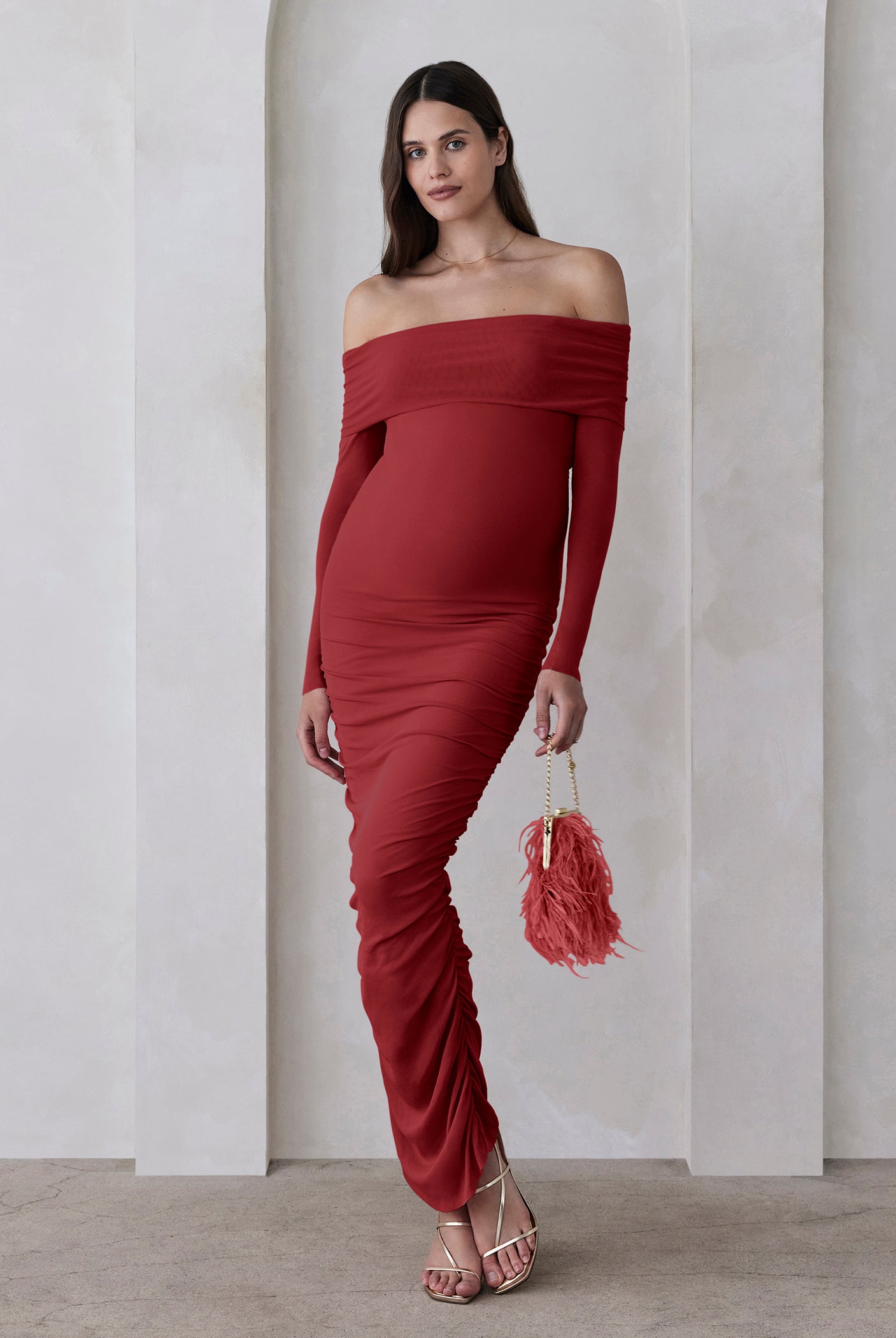 the off the shoulder soft mesh maternity dress in red