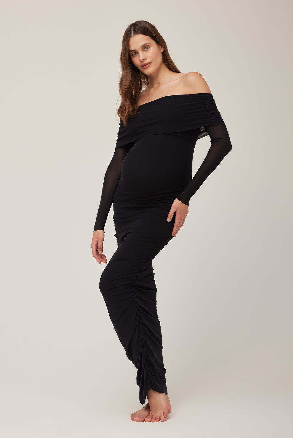 bumpsuit off the shoulder soft mesh maternity maxi dress in black