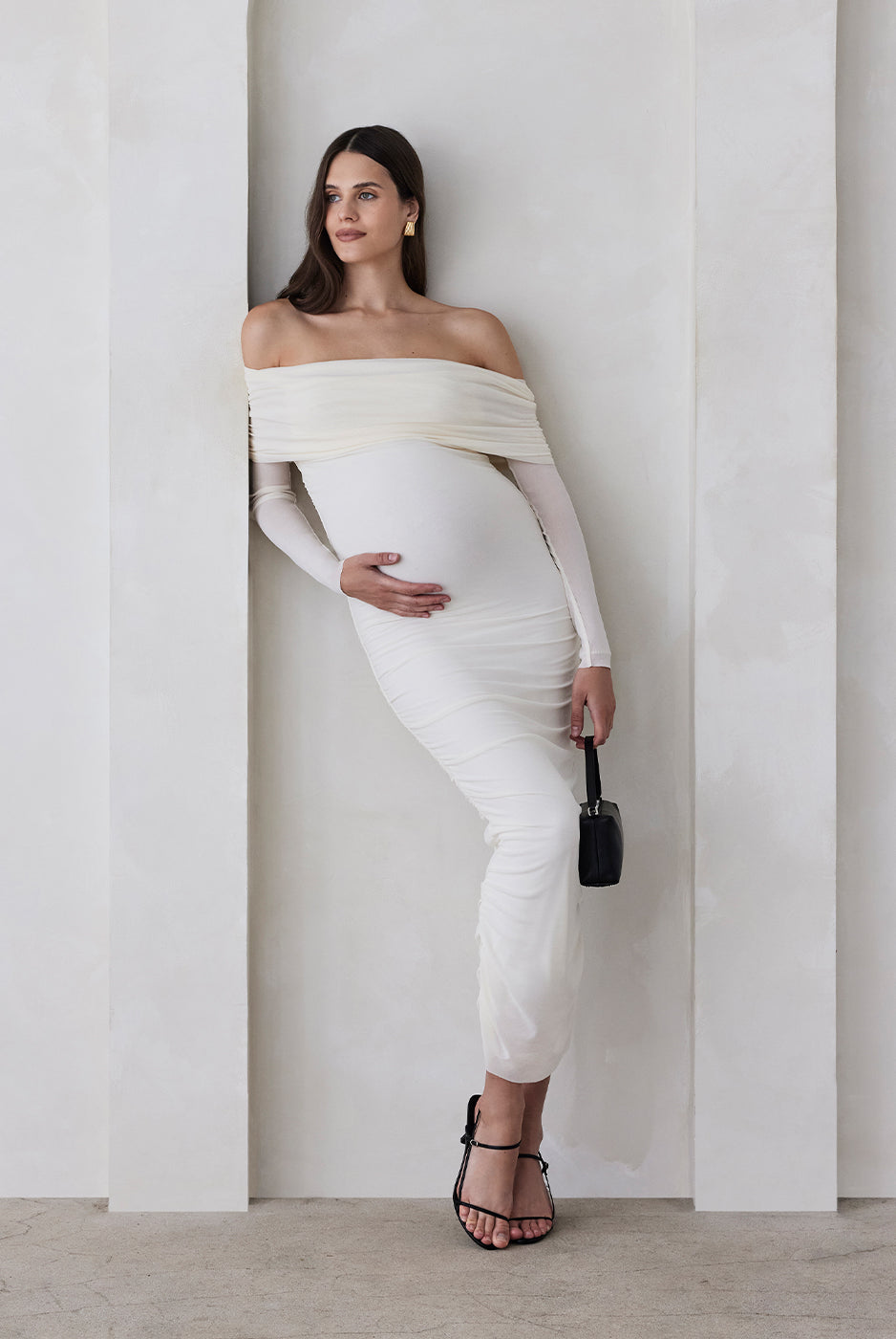 bumpsuit off the shoulder soft mesh maternity maxi dress in ivory