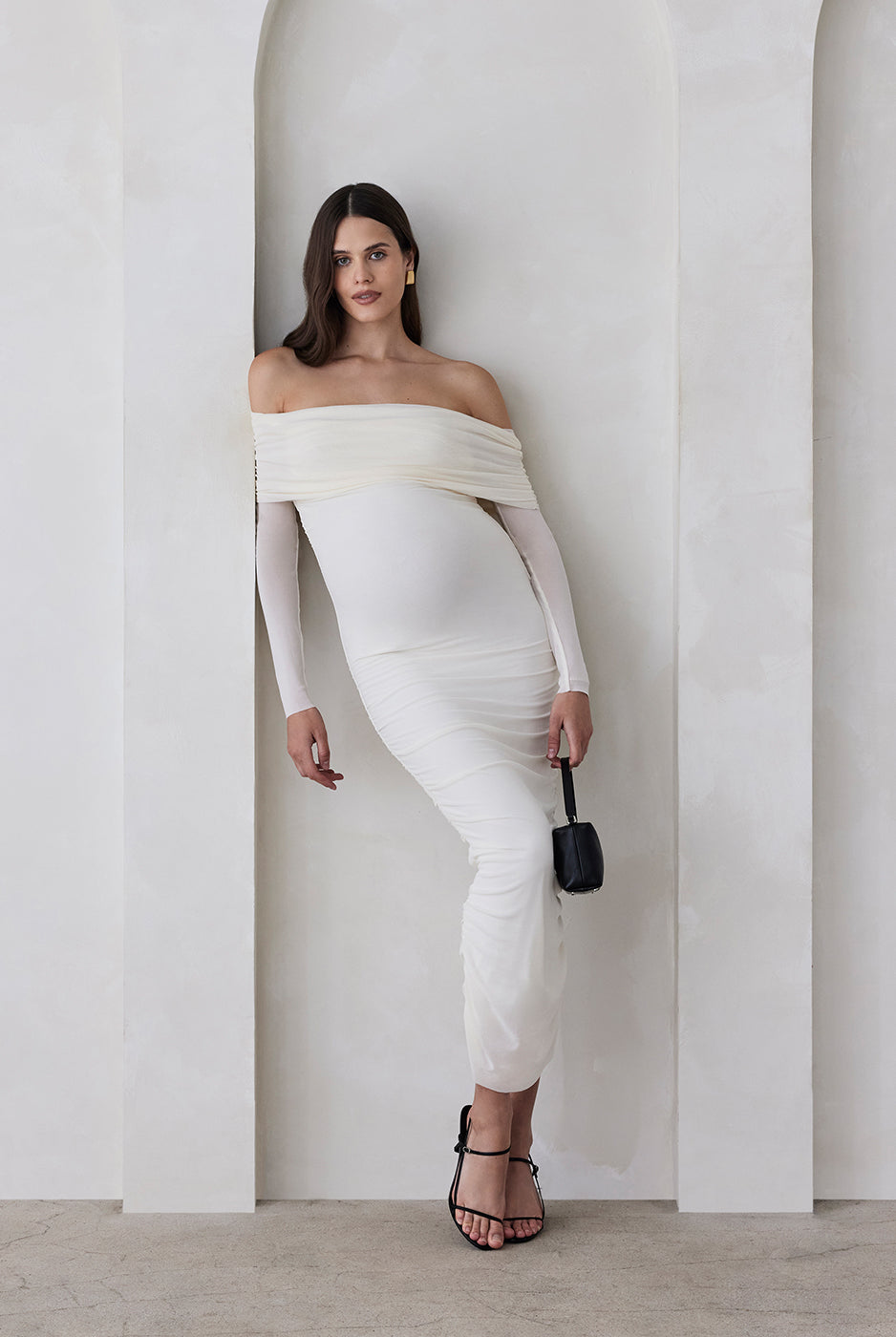 bumpsuit off the shoulder soft mesh maternity maxi dress in ivory