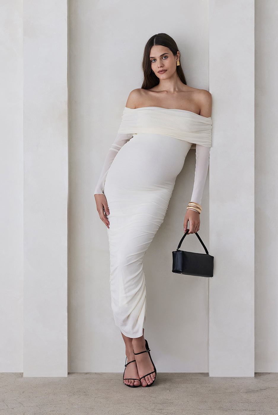 bumpsuit off the shoulder soft mesh maternity maxi dress in ivory