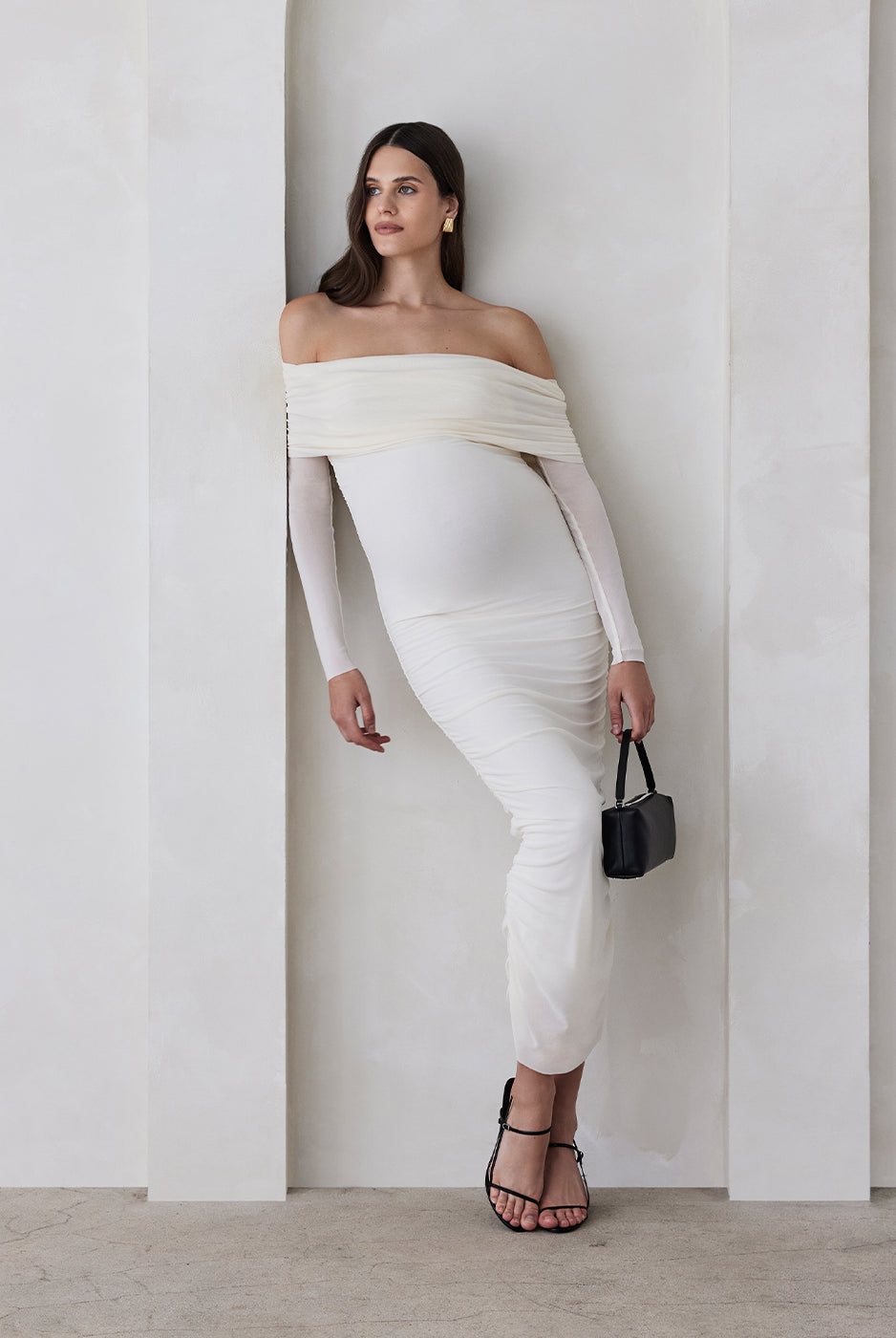 bumpsuit off the shoulder soft mesh maternity maxi dress in ivory