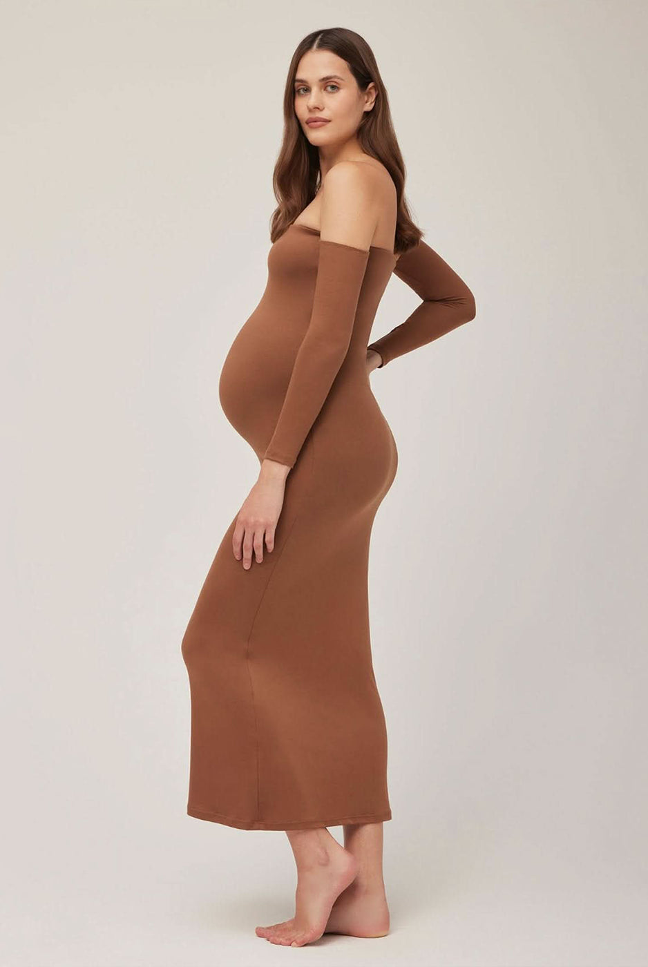 the angelina maternity off the shoulder maxi dress in mocha