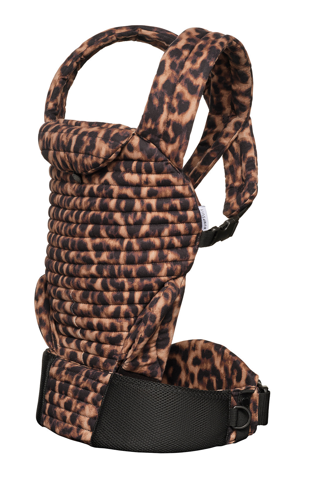 side view of the bumpsuit the armadillo baby carrier in leopard print
