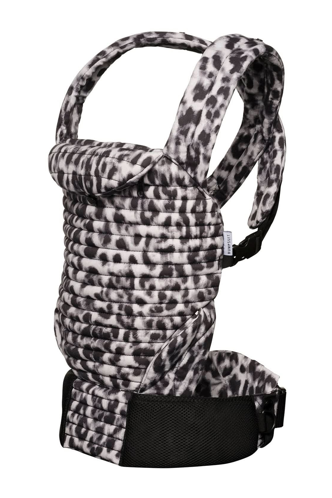 side view of the armadillo baby carrier in monochrome leopard print