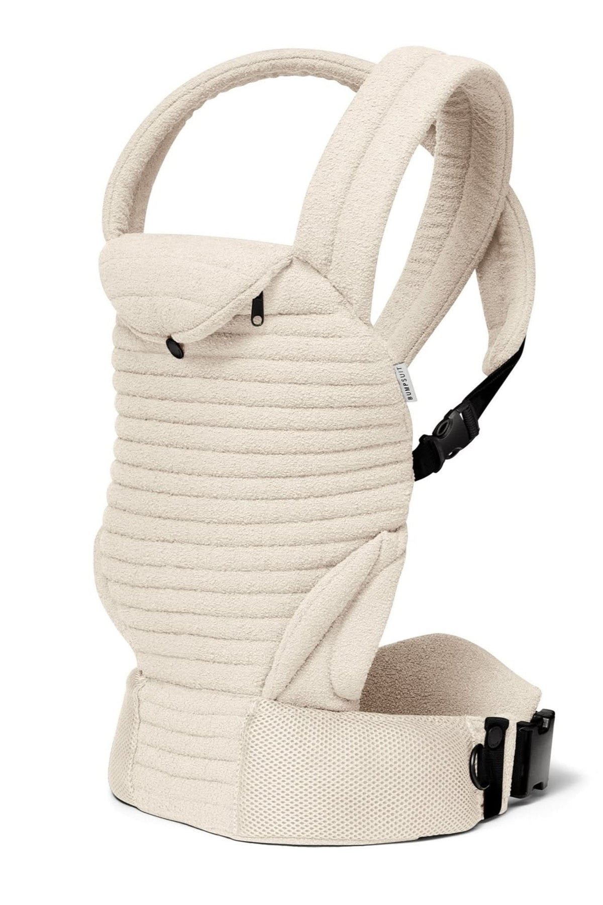 Bumpsuit baby carrier in ivory color, side view on a white background