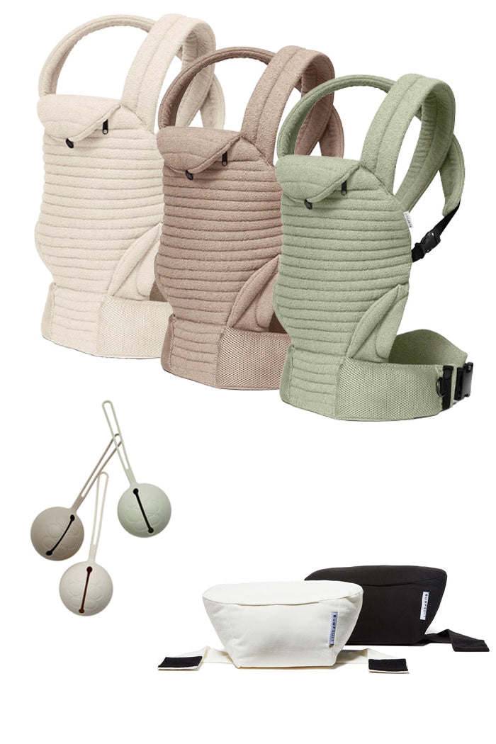 Front view of The Armadillo Set showcasing three baby carriers and coordinating accessories on a white background
